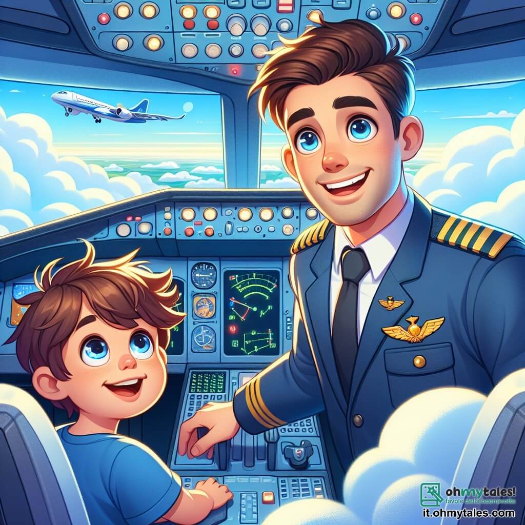 Un giovane di nome Marco, di circa 25 anni, si trova nella cabina di pilotaggio di un aereo, con gli occhi brillanti di eccitazione e un ampio sorriso sul volto. Indossa una giacca da pilota blu decorata con distintivi dorati, e i suoi capelli castani sono leggermente scompigliati dal vento. Marco guarda fuori dal finestrino, meravigliato dalla vista spettacolare delle nuvole sottostanti. Accanto a lui, un ragazzo di nome Luca, di circa 8 anni, è seduto sul sedile del passeggero. Ha grandi occhi curiosi e capelli castani arruffati. Luca guarda Marco con ammirazione, pronto ad ascoltare ogni parola del pilota. La cabina è piena di luci lampeggianti e comandi colorati, con un cruscotto complesso che brilla sotto il sole. All'esterno, il cielo è di un blu intenso, punteggiato di nuvole bianche e soffici, mentre la terra sottostante è un mosaico di campi verdi e fiumi scintillanti. La scena principale mostra Marco che pilota l'aereo, con Luca al suo fianco, mentre si alzano in volo, scoprendo insieme la magia del volo e la bellezza del mondo visto dall'alto.