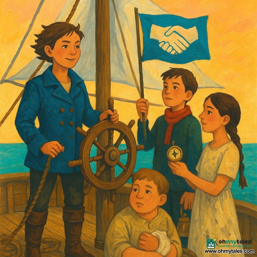 Captain Mira, woman with a determined yet gentle face and a slight smile, in a worn blue sailor jacket and brown leather boots, short chestnut hair wind-swept, holding the mast rope with one hand and the wheel with the other, standing straight and confident; Tessa, about 12, brown braided hair, simple cream dress stained with ink, holding a small golden compass against her palm and looking at the flag forward of the mast, standing near the stern; Finn, about 13, tall and thin with a red scarf, holding a brass bell ready to ring, standing middeck and watching the horizon; Ludo, about 10, round-faced with flour smudges, clutching a white cloth bandage to his chest, sitting on a barrel by the rigging; the setting is the light-wood deck of a small pirate ship named Sea Star with worn planks, coiled ropes, a central mast with crumpled white sails, a blue-green gleaming sea and a wide orange morning sky; the crew raises a small sewn flag showing two hands clasping, the wind begins to lift it, warm light gilds their faces, mood of hope and confidence.