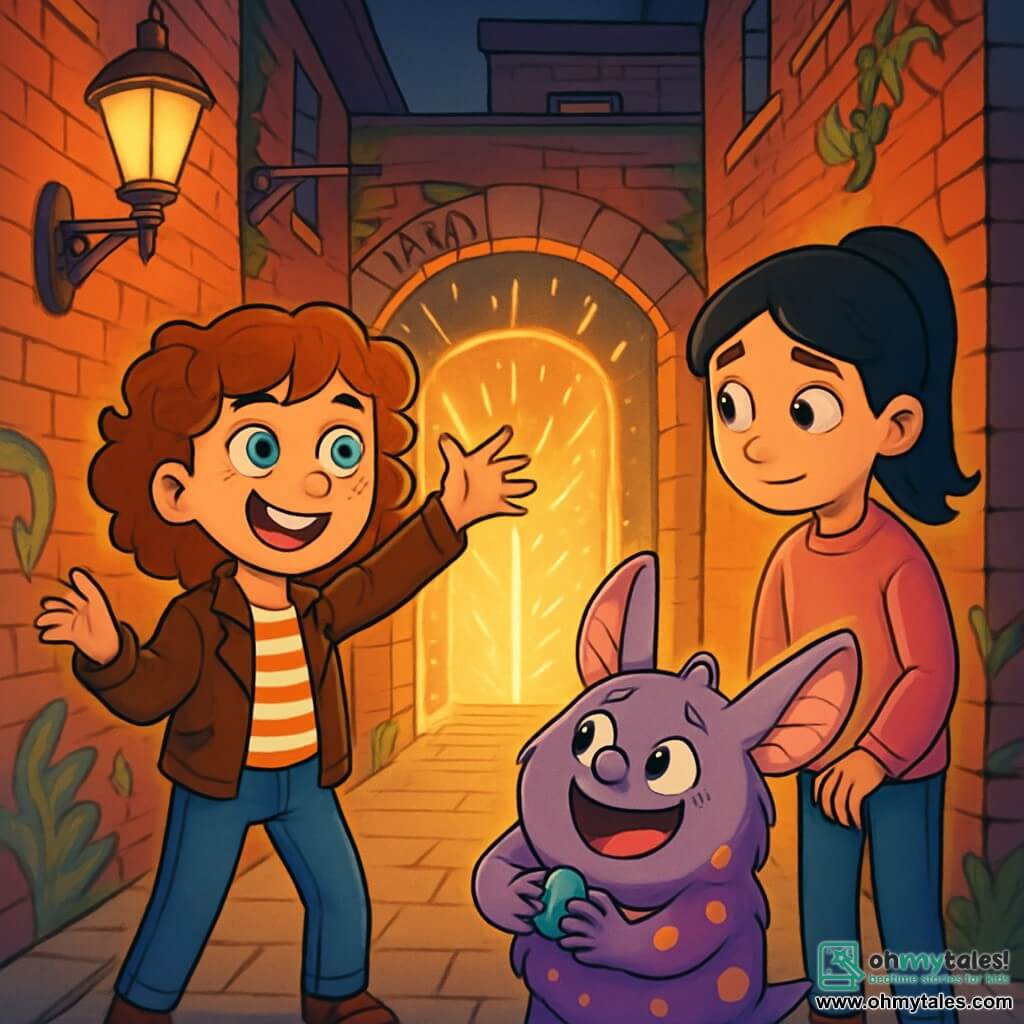 There are three characters: Tilly, a 10-year-old girl with curly auburn hair and sparkling green eyes, wearing a leather jacket and a striped t-shirt, standing in the center with her arms raised enthusiastically, ready to explore. Annabelle, also 10, has smooth black hair tied in a ponytail and bright blue eyes, dressed in a pink sweater and jeans, slightly off to the side with a curious look and a shy smile. Flibble, a round and furry fantastical creature with large ears and a small nose, is purple with yellow spots, standing next to Tilly, grinning widely while holding a small shiny stone in his paws. The setting is Parker Alley, a narrow and mysterious alley lined with old brick buildings, where vintage street lamps emit a soft golden light. The walls are adorned with colorful graffiti and carved vines, and a sparkling portal opens in the center, casting a magical glow. The main scene shows Tilly and Annabelle, amazed, discovering the magical portal just opened in the wall. Tilly, full of energy, points at the portal, while Annabelle, intrigued and a bit hesitant, looks at Flibble, who encourages them to enter this fantastical world.