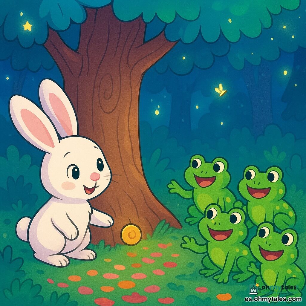 Un pequeño conejo blanco llamado Tico, con grandes orejas suaves y ojos chispeantes de curiosidad, se encuentra frente a un majestuoso árbol, sonriendo con asombro. Tiene un pelaje sedoso y un pequeño nariz rosa que tiembla de emoción. Cerca, un grupo de ranas verdes con ojos redondos y brillantes, y manchas amarillas en la espalda, cantan alegremente formando un círculo alrededor de Tico, con sus rostros radiantes de felicidad. El lugar es un bosque encantado, bañado por una suave luz lunar, donde las hojas de los árboles brillan como estrellas y las luciérnagas bailan en el aire fresco. El suelo está cubierto de pétalos coloridos que crean un camino mágico. La situación principal muestra a Tico descubriendo un pequeño botón dorado escondido en la base del árbol, listo para presionarlo con una expresión de sorpresa y alegría, mientras las ranas lo animan con croar entusiastas.