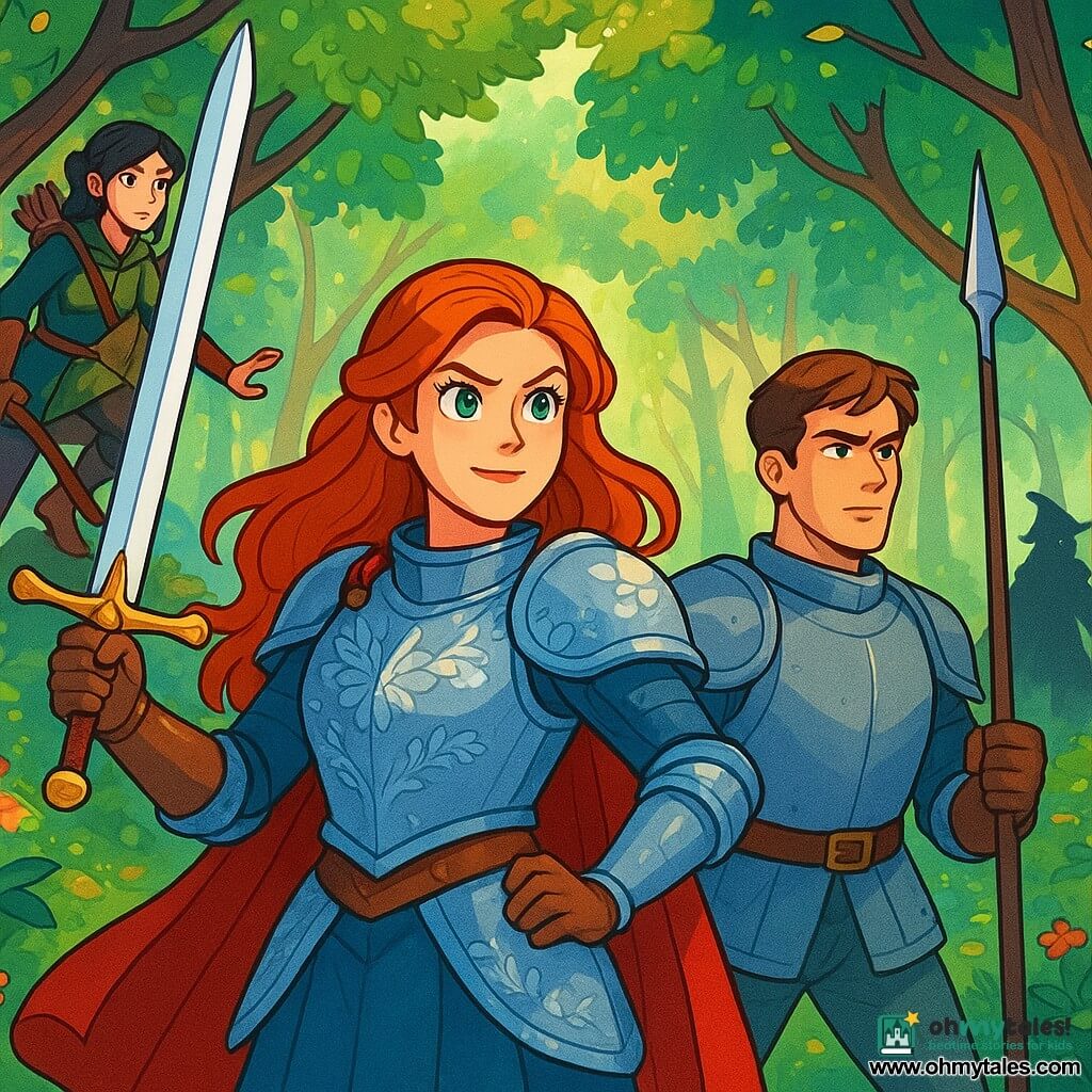 In the heart of an enchanted forest, a fearless knight, Lady Elara, stands proudly. She has shiny auburn hair, sparkling emerald eyes filled with determination, and wears gleaming armor adorned with floral patterns. Her face shows resolute confidence as she wields her sword, Seraphine, ready to defend her kingdom. Beside her, Sir Cedric, a young knight around 25 years old with brown hair and a muscular build, holds a lance, his gaze focused on the path ahead. A little further back, Lady Mira, a nimble archer of 22 with black hair and bright eyes, climbs a tree, her bow slung over her shoulder, carefully observing the surroundings. The setting is a lush forest with majestic trees, sparkling leaves, colorful flowers scattered on the ground, and rays of sunlight filtering through the foliage, creating a magical atmosphere. The main scene shows Lady Elara and her companions preparing to confront the evil witch, a menacing shadow looming in the distance, while a gentle breeze makes the leaves dance around them, heightening the tension and excitement.
