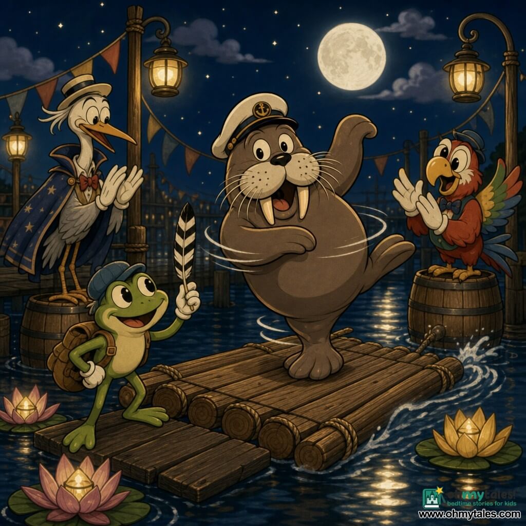 A bright green frog with shiny round eyes smiles mischievously, holding a black-and-white striped feather, wearing a jaunty cap and canvas backpack while bowing on a wooden plank; nearby a rotund walrus named Captain Barnaby with thick white whiskers and a worn captain's hat sits on a wooden raft, surprised but joyful as he makes a tiny pirouette with a flipper ready to push; costumed birds—a dapper heron in a cape and a colorful parrot—applaud from nearby barrels; the scene is Moonlight Pier at night with glass lanterns casting soft yellow light, silver reflections on calm water, bunting and decorated lily pads, the frog triumphant with the feather as the raft glides and the round moon reflects in the milky sky.