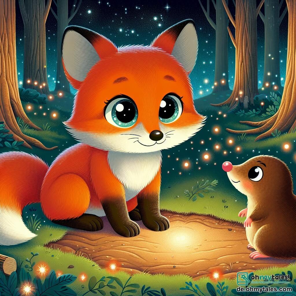 Ein kleiner, leuchtend orangefarbener Fuchs namens Felix steht im Mittelpunkt der Szene, mit einem sowohl neugierigen als auch etwas besorgten Blick, während seine großen, glänzenden Augen das Licht der Sterne reflektieren. Sein Fell ist weich und seidig, und sein langer, buschiger Schwanz ist leicht nach hinten gebogen. Rechts von ihm schaut ein kleiner Maulwurf mit braunem Fell und kleinen Pfoten Felix mit einem freundlichen Lächeln an, seine Augen strahlen Verständnis aus. Er wirkt beruhigend und ermutigend, bereit, seinem Freund zu helfen, seine Angst zu überwinden. Die Szene spielt in einer verzauberten Lichtung des Waldes, beleuchtet vom sanften Licht des Mondes und von Tausenden kleiner Glühwürmchen, die um sie herumtanzen und eine magische und warme Atmosphäre schaffen. Majestätische Bäume bilden einen Rahmen um die Lichtung, deren Blätter sanft im nächtlichen Wind rauschen. Felix, der eine kleine Taschenlampe hält, bereitet sich darauf vor, die Nacht zu erkunden, während die Glühwürmchen um sie herum funkeln und die verborgene Schönheit der Dunkelheit symbolisieren.
