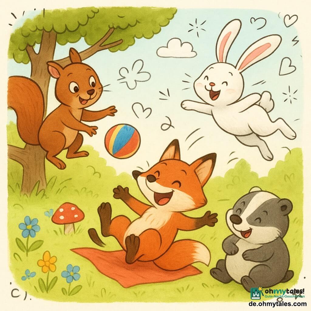 Die Hauptfigur ist ein kleiner roter Fuchs mit runden, schelmischen Augen und buschigem Schwanz, lachend auf dem Rücken liegend mit erhobenen Pfoten; Lilli, ein braunes Eichhörnchen mit großem Schweif, sitzt links auf einem niedrigen Ast und reicht eine Pfote nach dem Ball; Max, ein weißer Hase mit langen rosafarbenen Ohren, springt rechts freudig in die Luft; Oskar, ein grauer Dachs, liegt in der Mitte am Boden und erholt sich lachend von einem Sturz; die Szene spielt in einer sonnigen Waldlichtung mit grüner Wiese, vereinzelten blauen und gelben Blumen, roten Pilzen und einer großen Eiche, die Freunde tanzen eine schiefe Polonaise, dazu eine bunte Ball und ein rotes Picknicktuch, fröhliche Stimmung, kräftige Farben und weiche, runde Konturen.