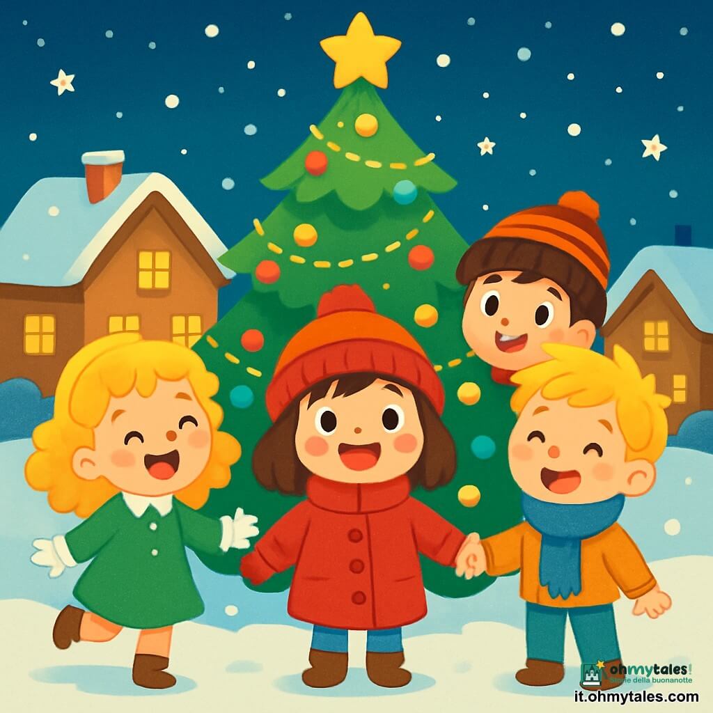 Ci sono 4 bambini: - Lucia: una ragazza di 6 anni, con capelli castani e guance rosa, indossa un cappotto rosso vivo e un berretto di lana. È al centro, con gli occhi brillanti di eccitazione, pronta a cantare. - Tommaso: un ragazzo di 6 anni, con capelli biondi disordinati e un sorriso splendente. Indossa una sciarpa blu e si trova a destra di Lucia, tenendole la mano per incoraggiarla. - Giulia: una ragazza di 6 anni, con bei capelli ricci dorati, indossa un vestito verde e guanti bianchi. È a sinistra di Lucia, saltellando gioiosamente, pronta a cantare. - Matteo: un ragazzo di 6 anni, con occhi marroni e capelli castani, indossa un cappotto nero e un berretto a righe. È dietro Lucia, sorridendo e incoraggiando i suoi amici. Il luogo è un incantevole villaggio innevato, con un grande albero decorato con ghirlande colorate e piccole luci scintillanti. La neve copre il suolo come un morbido tappeto bianco, e fiocchi cadono lentamente dal cielo stellato, creando un'atmosfera magica di Natale. I bambini sono riuniti intorno all'albero, cantando insieme la "Canzone della Neve". La loro gioia ed entusiasmo illuminano la notte, mentre la neve continua a cadere dolcemente intorno a loro, creando un'atmosfera festosa e calorosa.