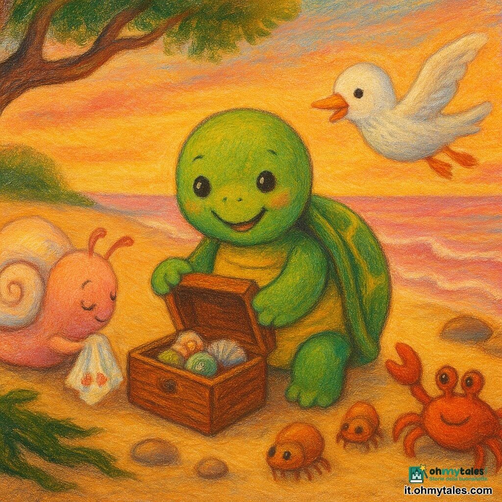 Tino, una piccola tartaruga al centro, sorridente, carapace verde e oro a strisce, apre delicatamente una piccola scatola di legno con le zampe anteriori; Lilla, una piccola lumaca con una casetta madreperlacea sul dorso, a sinistra, dolce con un fazzoletto a fiori; Bubu, un gabbiano bianco ali morbide, in volo a destra, allegro osserva la scatola; Pico, un piccolo granchio rosso in primo piano a destra, batte la chela come un tamburo; tre piccoli granchietti curiosi si avvicinano in fila vicino a un vecchio albero torto dove riposa la scatola; spiaggia al tramonto con sabbia beige, onde rosa, pietre lisce e alghe scure; momento di condivisione attorno alla scatola aperta con conchiglie lucenti e una sciarpa colorata, atmosfera calda di amicizia e sicurezza.