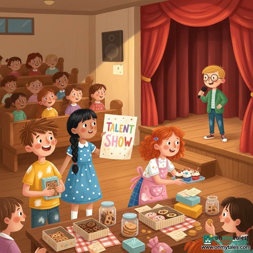 There are four 9-year-old children: a tousled brown-haired boy in a flour-stained yellow T-shirt holding a cookie box at the front left, smiling; a black-haired girl with a braid in a blue polka-dot dress holding a colorful "Talent Show" poster at center slightly behind the boy, proud; a fair-skinned bespectacled boy in a green jacket holding a microphone on a small stage at right ready to present; and a red-haired curly girl in a pink apron with crumbs carrying a tray of cupcakes at the front right leaning toward a sales table. The setting is a school auditorium seen half-shot with a red velvet curtain behind the stage, varnished wooden benches filled with blurred children and parents, warm spotlights creating areas of light and shadow, and a simple wooden sales table in the foreground covered with checkered cloths and pastry boxes. The scene shows the children running a cheerful, lively fundraiser—selling baked goods and putting on a show—bright faces, crumbs, cookie boxes, colorful posters, hands exchanging money, and a modest but supportive atmosphere.