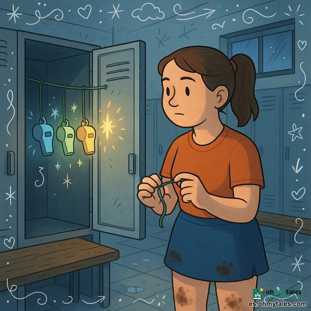 Nora, mujer de unos 28 años, rostro redondo, rodillas con manchas de tierra visibles bajo su falda deportiva, cabello castaño en coleta, expresión serena y decidida; sostiene una cuerda verde entre los dedos y mira tres silbatos mágicos luminosos en un casillero abierto. Tres silbatos colgados de un hilo verde emiten brillos azul glacial, verde menta y amarillo cálido, flotando como faroles en el centro de la imagen. Vestuario vacío del estadio con casilleros metálicos grises, banco de madera gastado, suelo de baldosas con gotas y luz de luna entrando por una ventana alta que proyecta largas sombras; escena íntima de curiosidad, composición centrada en la mano de Nora y los objetos brillantes, colores contrastados y texturas nítidas.