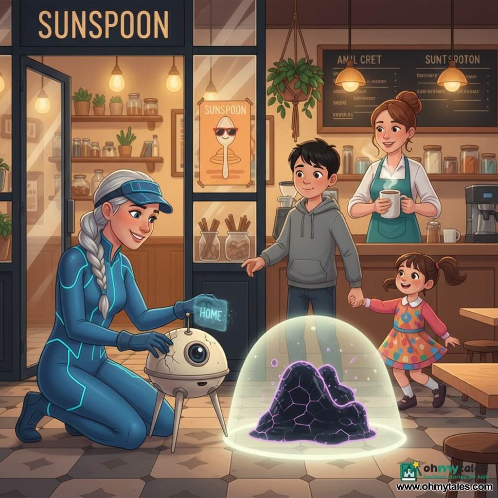 A determined, kind-eyed heroine kneels beside a small drone, repairing a cracked crystal with a gloved hand; she wears a tight comet-blue suit with cyan light lines, a visor folded on her brow and a long silver braid. A relieved, admiring 12-year-old boy in a gray hoodie stands at the café entrance holding his little sister’s hand; the joyful 6-year-old girl in a colorful dress and pigtails dances nearby in the warm café light. A thirty-ish barista in a teal apron watches from the counter with an encouraging smile and a steaming cup. The round cream-metal drone with three thin legs and a lens-eye projecting a fuzzy mini-hologram reading HOME sits on a table. A compact, undulating shadow-creature with cracked black-glass texture and violet highlights is contained beneath a pale light dome at the café’s center, its edges trembling but not threatening. The setting is the warm interior of Sunspoon café with large black-framed windows, yellow lights, hanging plants, cinnamon pots, a poster of a cartoon spoon in sunglasses, light wooden tables and patterned tile; the scene is tender and dynamic, the heroine protecting the lost drone and gently containing the shadow while the neighborhood gathers in a cooperative, warm atmosphere contrasted by the shadow’s violet reflections.