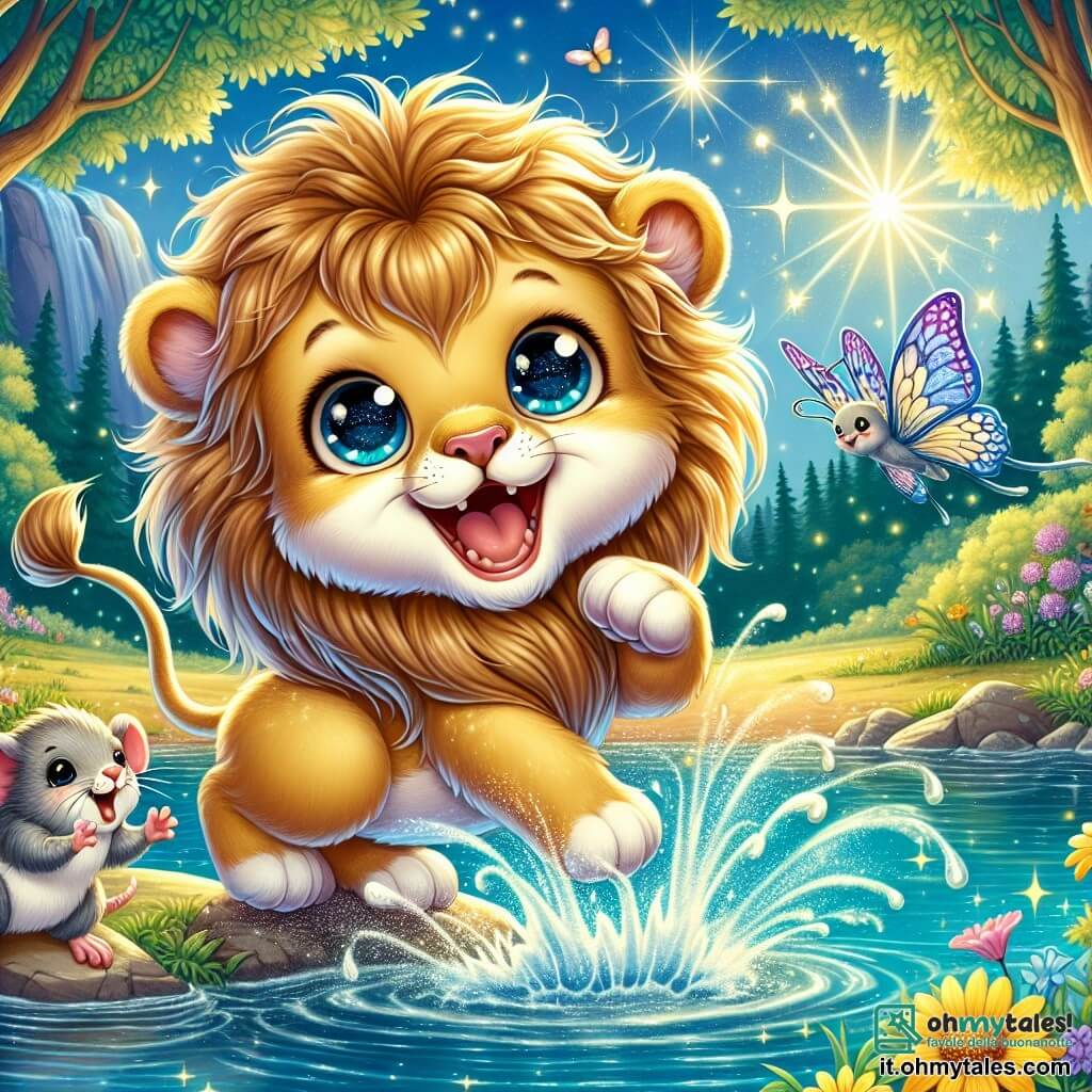 Un giovane leone dagli occhi brillanti e dalla criniera dorata, pieno di gioia, salta in un lago scintillante, spruzzando acqua attorno a sé. Ha un ampio sorriso sul volto, esprimendo la sua eccitazione per l'avventura estiva. Nelle vicinanze, un piccolo topo dal pelo grigio e dagli occhi vivaci applaude ridendo, seduto su una pietra vicino all'acqua. Una delicata farfalla dalle ali colorate, in tonalità di blu e viola, vola felicemente attorno al leone, aggiungendo un tocco di magia alla scena. Il luogo è un lago incantevole circondato da una foresta lussureggiante, dove gli alberi maestosi si muovono dolcemente al vento e fiori dai colori vivaci punteggiano il terreno. La luce del sole si riflette sull'acqua, creando scintillii come diamanti. La situazione principale mostra il leone e i suoi amici che si divertono insieme, celebrando l'estate con spruzzi d'acqua e risate, mentre la natura li circonda in un'atmosfera gioiosa e festosa.