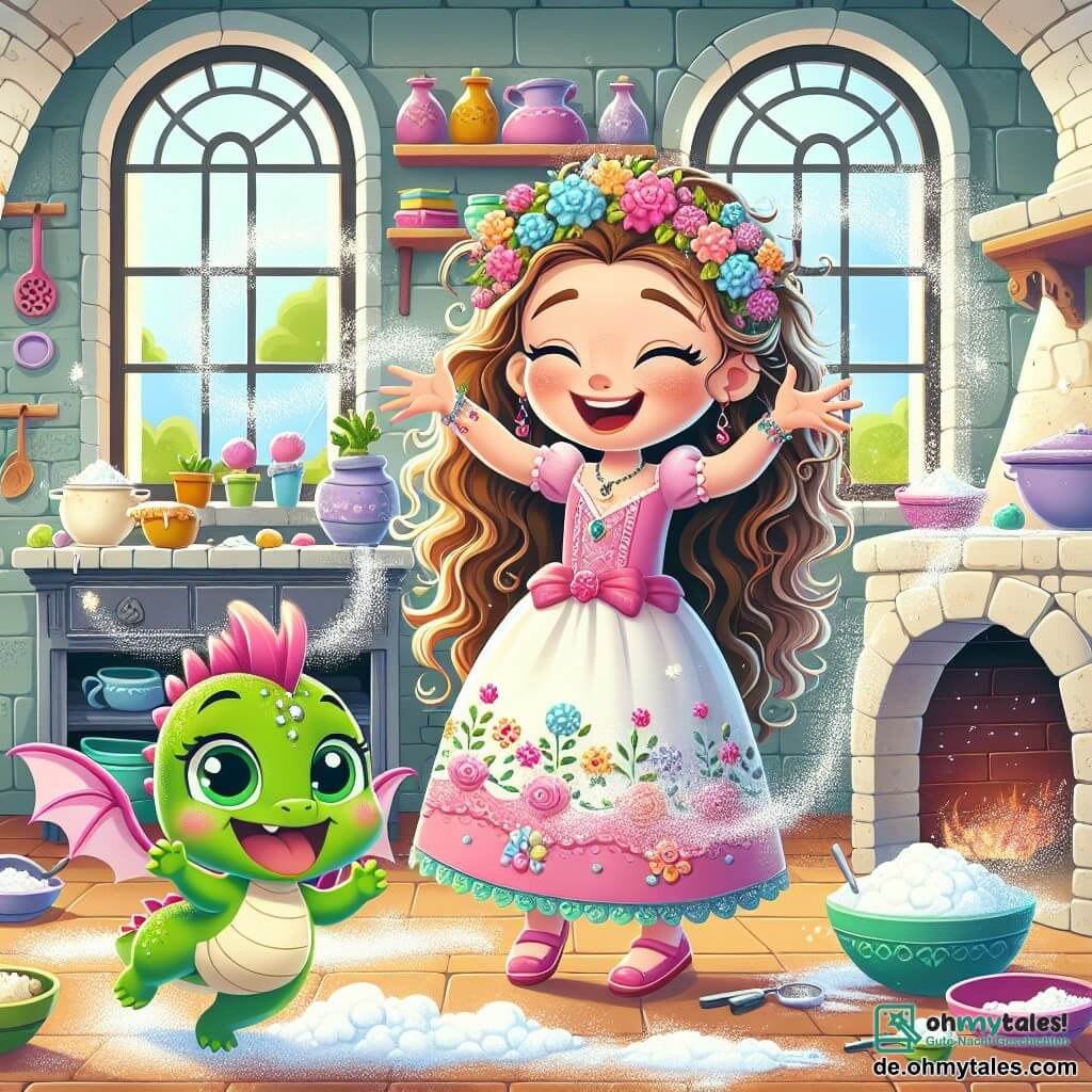 Die Prinzessin Lila, ein etwa 8-jähriges Mädchen mit langen, lockigen Haaren und einem rosa Kleid, das mit bunten Blumen verziert ist, lacht herzlich, während sie in der Mitte der Küche steht und mit Mehl bedeckt ist. Ihre Augen strahlen vor Schalk und Aufregung, was zeigt, wie viel Spaß sie trotz des Chaos hat. Neben ihr schwebt Flappi, ein kleiner, lebhafter grüner Drache mit schimmernden Flügeln und einem schelmischen Lächeln, fröhlich in der Luft. Er bläst magische Blasen, die sich um sie herum verteilen und der Szene einen Hauch von Magie verleihen. Die Küche ist geräumig und hell, mit großen Fenstern, die Sonnenlicht hereinlassen. Regale voller bunter Töpfe und Küchenutensilien sind sichtbar, während ein großer Steinofen sanfte Wärme abgibt. Mehl und verstreute Zutaten schaffen eine fröhliche und chaotische Atmosphäre. Die Hauptsituation zeigt Lila und Flappi mitten in ihrem kulinarischen Abenteuer, lachend, während sie versuchen, einen Kuchen zu backen, aber schließlich ein lustiges Durcheinander mit Mehl überall schaffen und die Küche in ein wahres Schlemmer-Schlachtfeld verwandeln.
