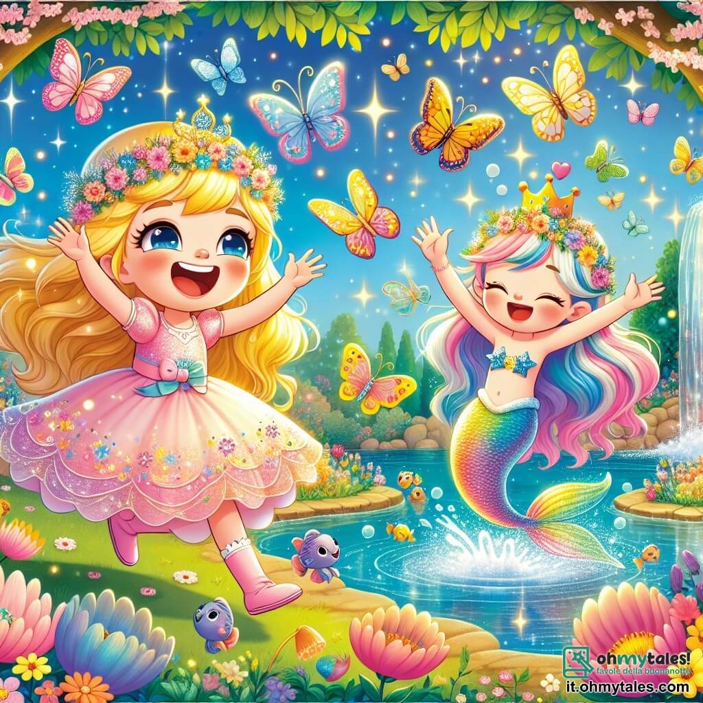 La principessa Lulù, una ragazza di circa 10 anni, ha capelli dorati brillanti come il sole e occhi blu profondo. Ride gioiosamente, circondata da piccole farfalle colorate che danzano intorno a lei. Lulù indossa un vestito rosa pastello decorato con fiori scintillanti e sta correndo verso un laghetto scintillante. Accanto a lei c'è Mimi, una sirena di circa 12 anni, con una pinna arcobaleno e un cappello a forma di stella marina. Ride mentre mostra a Lulù i pesci che saltano fuori dall'acqua. Il contesto è un giardino magico, pieno di fiori cantanti dai colori vivaci, alberi dai tronchi dorati e una cascata scintillante che si getta in un laghetto dai riflessi cangianti. La scena principale mostra Lulù e Mimi che si divertono insieme, circondate da bolle colorate che fluttuano nell'aria, mentre pesci fanno capriole nell'acqua, creando un'atmosfera di gioia e magia.
