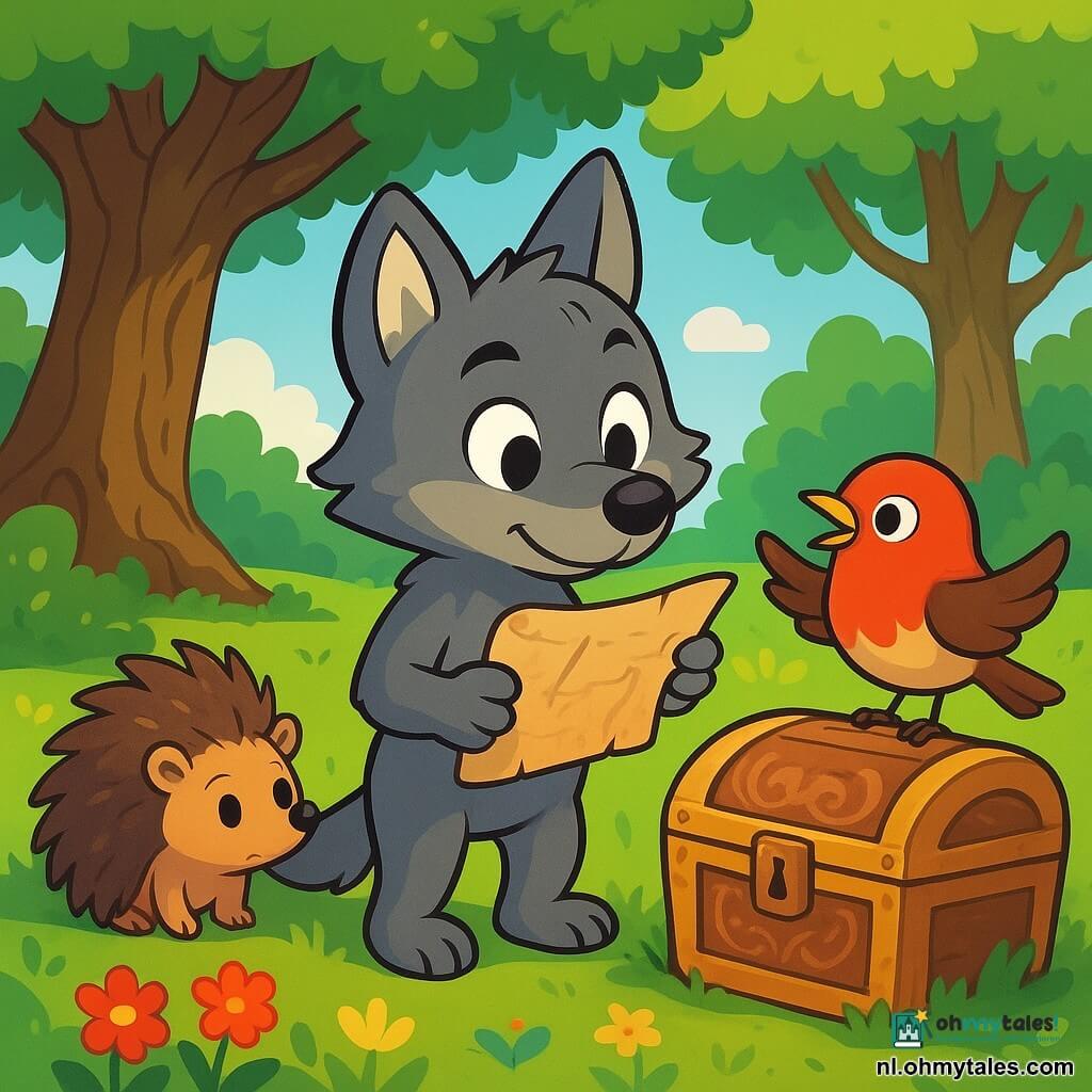 Een kleine wolf genaamd Lupo, met een zachte grijze vacht en nieuwsgierige sprankelende ogen, staat op zijn achterpoten met een vastberaden blik. Hij kijkt naar een opgerolde oude kaart die hij in zijn voorpoten houdt, zijn uitdrukking is zowel opgewonden als geïntrigeerd. Naast hem zingt een levendige roodborst met een rode borst en een ondeugende blik vrolijk, zijn vleugels iets geopend, klaar om hem op avontuur te begeleiden. Een klein egeltje met bruine stekels en een verlegen uitstraling schuift achter Lupo, zijn ronde ogen verraden zowel angst als enthousiasme. De scène speelt zich af in een zonnige open plek, omringd door majestueuze bomen met stralend groene bladeren en kleurrijke bloemen die eromheen groeien. In het midden staat een grote knoestige eik die een oude houten doos herbergt, versierd met delicate patronen en half in de grond begraven, glinsterend onder de zonnestralen. Lupo en zijn vrienden ontdekken de mysterieuze doos, benieuwd naar de verborgen schat die deze zou kunnen bevatten, wat een sfeer van opwinding en mysterie creëert.