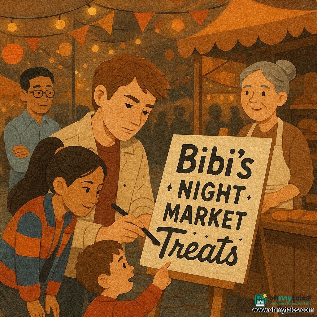 Milo, gentle focused face, messy light-brown hair, ink-stained beige jacket, holds a black brush-pen and adjusts the shadow of the lettering on a large cream sign reading Bibi’s Night Market Treats on a wooden easel; Mrs. Bibi (50–60), fair skin, gray hair in a bun, flour-dusted apron, smiles proudly behind her bakery cart to the right; Noor (≈15), tan, ponytail, colorful jacket, leans forward with hands on her knees watching the sign to Milo’s left; Mr. Chen (40–50), Asian, thin glasses, rolled-up sleeves, stands back nodding; a small boy (5–6) with sticky pastry cheeks points at the word “Treats” in wonder; lively night market with orange-gold lanterns, fabric banners, wooden stalls, string lights, wet cobbles reflecting lanterns, textured paper, ink splotches turned into stars, blurred customer silhouettes, warm artisanal slightly magical atmosphere.