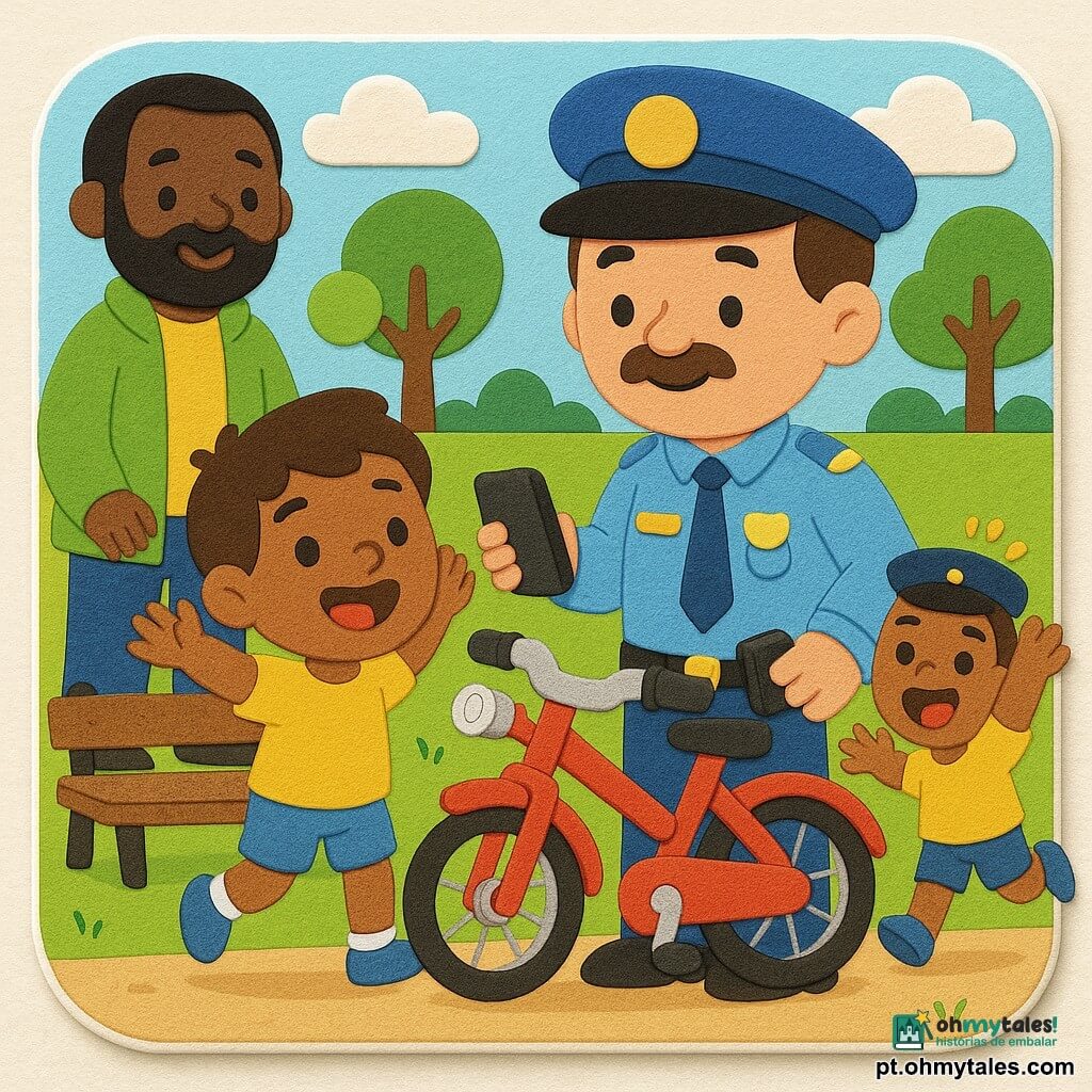 Um policial sorridente e afável de uns 50 anos, rosto redondo e bigode fino, uniforme azul‑claro com galões dourados e boina, segurando uma pequena bicicleta vermelha com campainha e um telemone, postura calma, enquanto o menino João, 7 anos, cabelo castanho curto, rosto alegre, camiseta amarela e bermuda azul, corre a braços erguidos para ele à direita; atrás e à esquerda, o pai na casa dos 40, barba curta e casaco verde‑claro, sorri segurando a mão do filho; parque simples e colorido com banco de madeira, relva verde‑clara, árvores arredondadas com folhas em forma de gommette, céu azul‑pálido e nuvens fofas; cena centrada e calorosa em que o policial devolve a bicicleta ao menino, cores vivas, contornos grossos, texturas de EVA visíveis, atmosfera reconfortante e alegre.