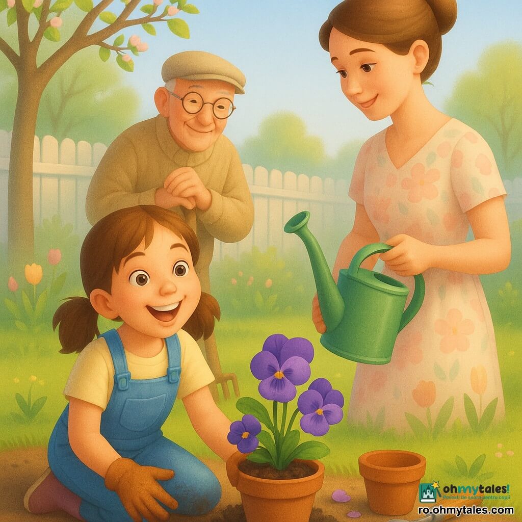 O fetiță de 10 ani, veselă, cu părul brun prins în două cozi, în tricou galben pal și salopetă din denim, ghemuită plantând panseluțe violete într-un ghiveci de lut, cu mâini murdare și zâmbet larg; lângă ea, mama (~35 ani) cu părul castaniu deschis prins în coc, în rochie cu flori, ținând un stropitor verde și privindu‑o cu tandrețe; puțin în spate, vecinul în vârstă, domnul Ion (~70 ani), cu fața ridată, ochelari rotunzi, pulover bej și șapcă, sprijinit de un mic greblă, zâmbind. Fundal: grădină de curte primăvara — gazon verde, borduri cu muguri și lalele mici roz și galbene, gard de lemn alb uzat și un măr cu boboci; lumină blândă de dimineață, umbre lungi. Atmosferă caldă de plantare, culori vii dar delicate, texturi netede, contururi rotunjite.
