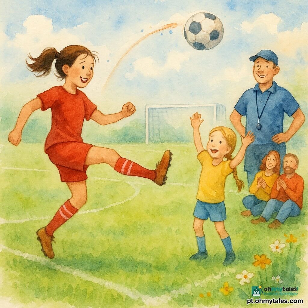 Mulher jovem jogadora de futebol, sorriso, olhos brilhantes, cabelo castanho em rabo de cavalo, uniforme vermelho e meias listradas, levantando a perna para centrar a bola; menina de ~12 anos de cabelo loiro em trança, braços erguidos na pequena área, recebendo a trajetória; treinador homem ~40 anos com boné azul e apito, mãos na cintura na borda do campo, encorajador; dois pais sentados na relva a aplaudir; grande campo verde com linhas brancas aquareladas, baliza ao fundo, céu azul com nuvens, flores selvagens na beira; bola descrevendo arco luminoso com respingos aquarela ao longo do trajeto, cena dinâmica e alegre de jogo em equipe.