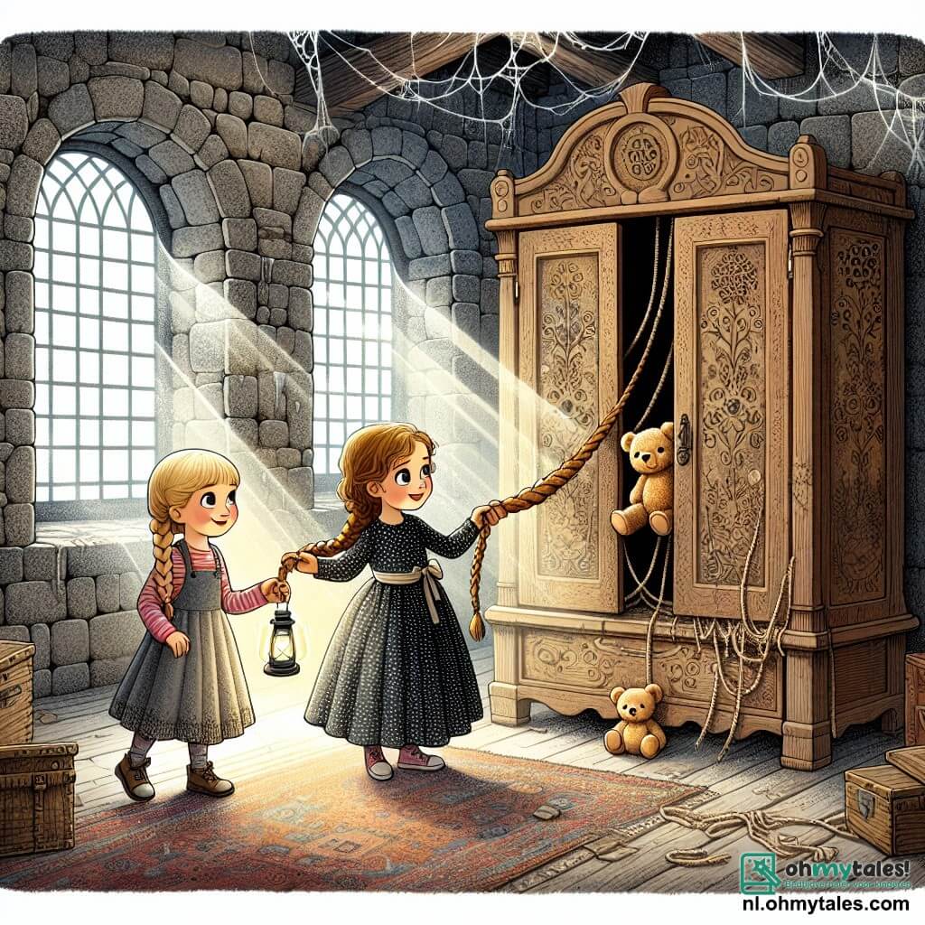 In een oud en mysterieus landhuis verkennen twee meisjes, Anna en Emma, een donkere kamer. Anna, een 8-jarig meisje met blonde vlechten en sprankelende ogen, staat links met een zaklamp die de weg verlicht. Emma, ook 8 jaar oud, heeft krullend bruin haar en draagt een jurk met stippen, zij staat rechts en trekt voorzichtig aan een touwtje dat uit een grote houten kast komt. Het landhuis is vol stof en spinnenwebben, met grijze stenen muren en gebroken ramen die mysterieuze lichtstralen binnenlaten. In het midden van de kamer staat een grote antieke houten kast met verfijnde patronen, en een versleten tapijt bedekt de vloer. De hoofdactie toont Anna en Emma die een geheim ontdekken: door aan het touwtje te trekken, openen ze de kast en onthullen een schattige glimlachende teddybeer, klaar om hun nieuwe vriend te worden.