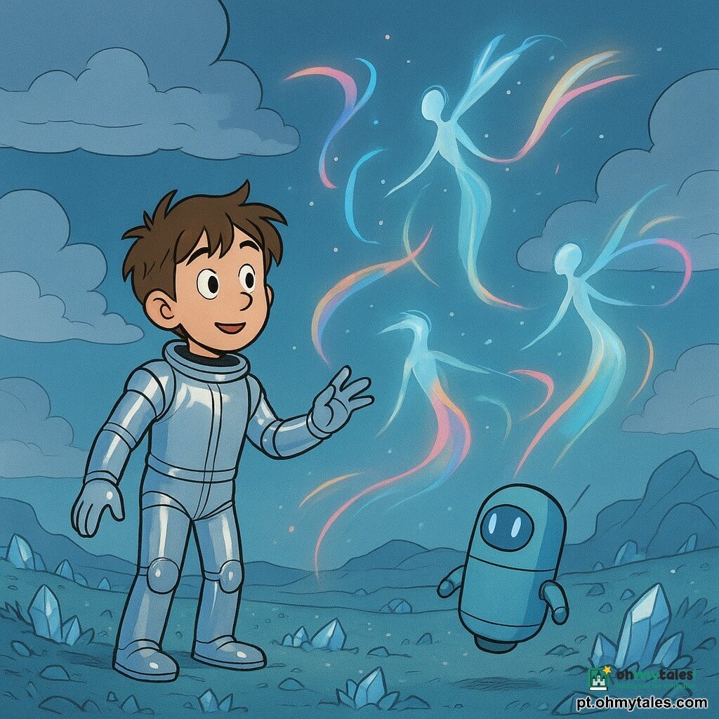 Um jovem, Rui Salgado, com cabelos castanhos despenteados e olhos brilhando de curiosidade, está em pé no solo de um novo mundo. Ele veste um traje espacial prateado que reflete a luz ao redor, e observa maravilhado as criaturas luminosas ao seu redor. Ao lado dele, um robô chamado Fio, de pequeno porte e forma cilíndrica, flutua levemente acima do chão, seus sensores emitindo um suave brilho azul. As criaturas, os Nómadas do Ar, parecem silhuetas esbeltas feitas de vidro e vento, emitindo rastros de luz colorida no ar. A paisagem é um campo vasto e ondulante, coberto de cristais cintilantes e nuvens prateadas flutuando baixas. A cena principal mostra Rui e Fio comunicando-se com os Nómadas, seus gestos e luzes criando uma dança harmoniosa de cores no ar.