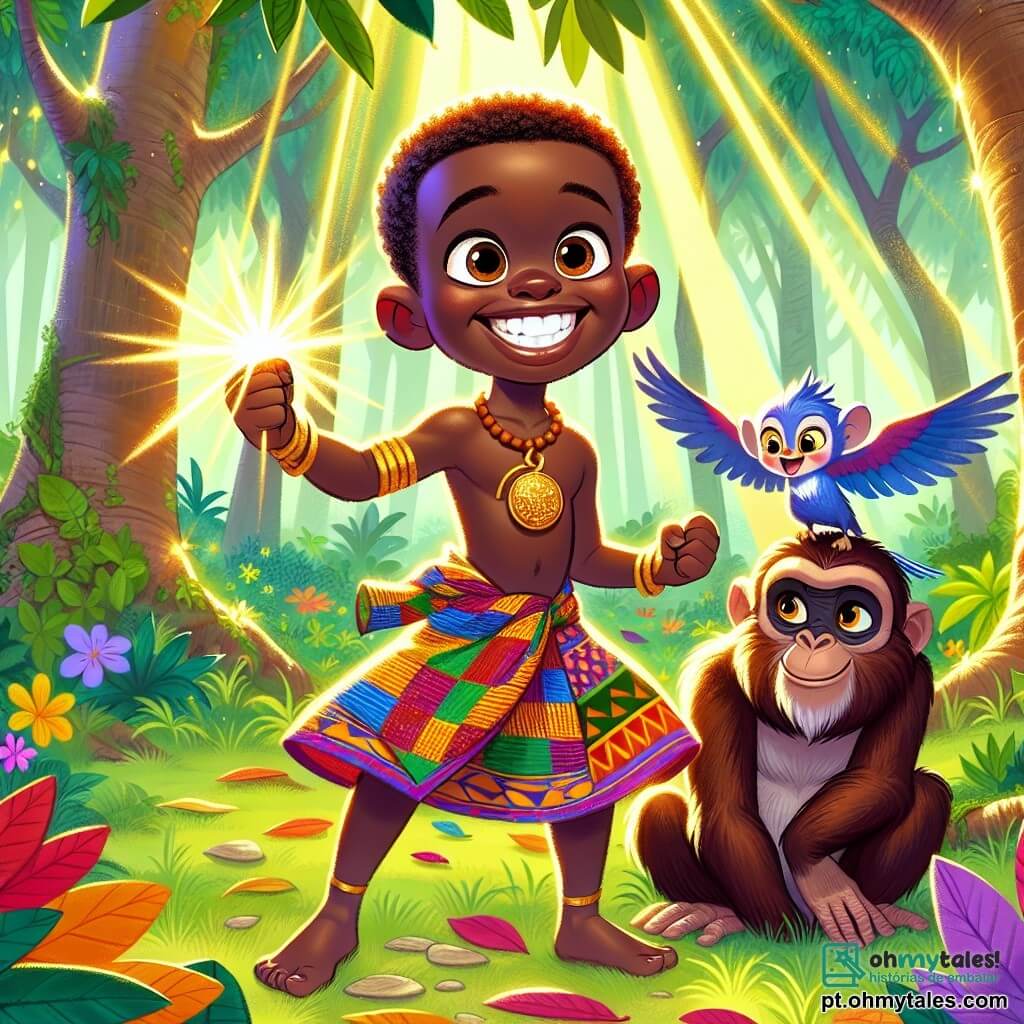 Kofi, um jovem de cerca de 12 anos, está no centro do palco, com um largo sorriso cheio de excitação e ousadia. Ele tem pele morena, cabelos crespos e usa um pano colorido com padrões africanos vibrantes. Na sua mão, ele segura um amuleto brilhante que brilha sob a luz do sol. Ao seu lado, Makoko, um velho macaco sábio, está empoleirado em um galho baixo, olhando Kofi com orgulho. Kiki, um pequeno pássaro azul vivo, voa ao redor de Kofi, suas asas batendo alegremente. A cena ocorre em uma floresta exuberante, com árvores majestosas e raios de sol filtrando pelas folhas, criando padrões de luz no chão coberto de folhas. Kofi, cercado por seus amigos animais, descobre o amuleto mágico ao pé de uma grande árvore, símbolo da sabedoria da floresta. A atmosfera é cheia de energia e esperança, ilustrando o início de uma grande aventura.