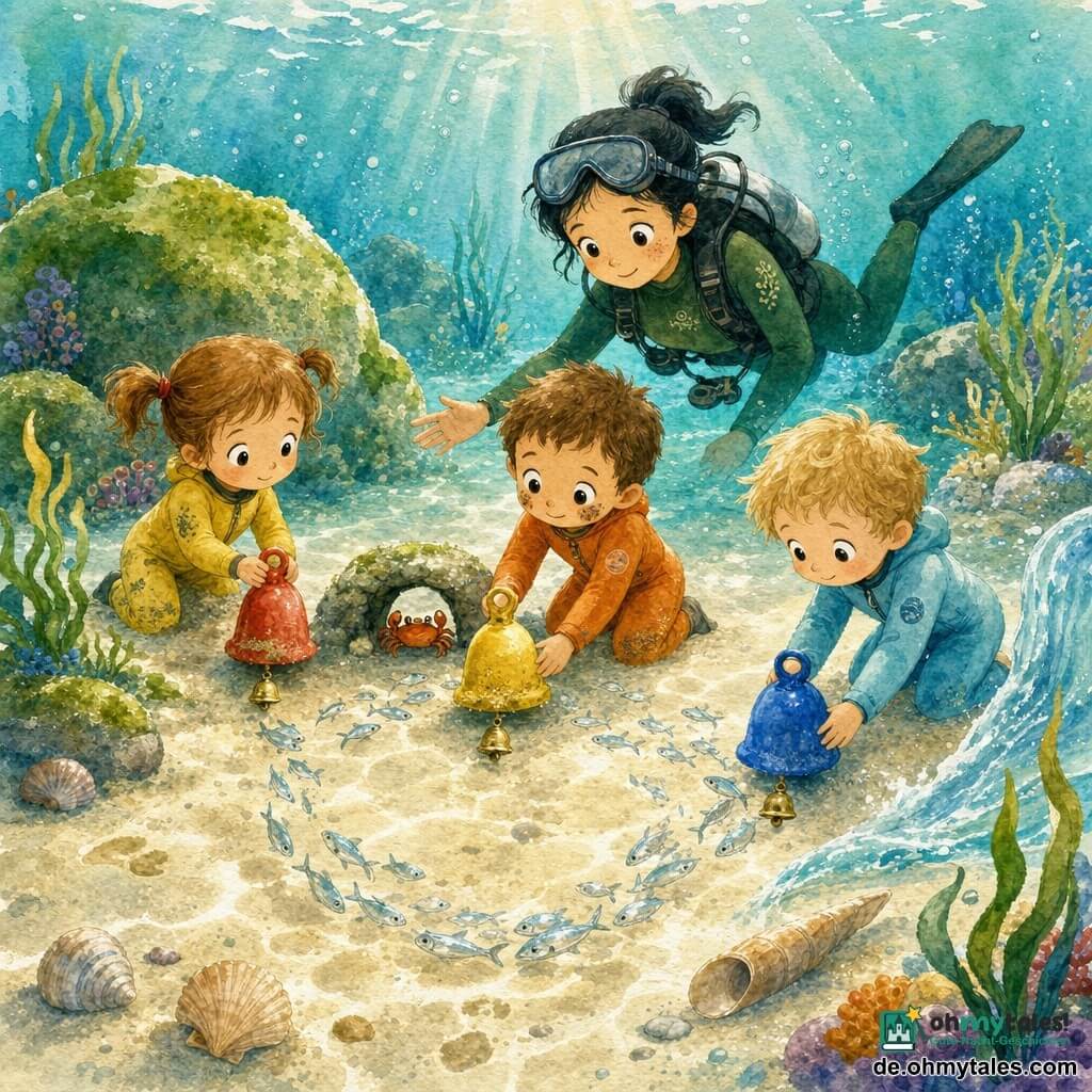 Vier Figuren: Mila, Mädchen 3 J., kleine mit hellbraunen Zöpfen und neugierigen Augen, trägt gelben Tauchanzug mit Sandflecken und hält eine rote Schwimmring neben einem Algen-bedeckten grünen Felsen links; Ben, Junge 3 J., kurze braune Haare, Muschelflecken auf den Wangen, oranger Tauchanzug, legt einen gelben Schwimmring neben einen kleinen Bogen aus Steinen mit einem vorsichtigen Krabbenkopf in der Mitte; Jona, Junge 3 J., blonder, schüchterner Lächeln, hellblauer Tauchanzug, schiebt einen blauen Schwimmring zu einer langen glatten Muschel rechts, leicht von einer kleinen Welle bewegt; Nora, erwachsene Taucherin 30–35 J., schwarze hochgesteckte Haare, Tauchmaske auf der Stirn, dunkelgrüner Anzug, schwebt knapp hinter den Kindern zentriert und streckt beruhigend die Hand aus. Schauplatz: flaches, klares türkisfarbenes Meer mit Sonnenstrahlen auf kremigem Sand, glatte algengesäumte Felsen, wiegende Seegrasbüschel, bunte runde Korallen, silbrig schimmernde Fischschwärme, verstreute Muscheln und eine durchsichtige Welle aus der rechten Ecke. Hauptszene: drei Schwimmringe (rot, gelb, blau) bilden ein kleines Dreieck auf dem Meeresboden, leise klingelnd; ruhige, fröhliche Entdeckungsszene, Kinder berühren kaum den Grund, Fische ziehen wie Tänzer durch das Dreieck; zentrale Komposition, sanfte Farben, aquarellartige Texturen und Lichtreflexe.