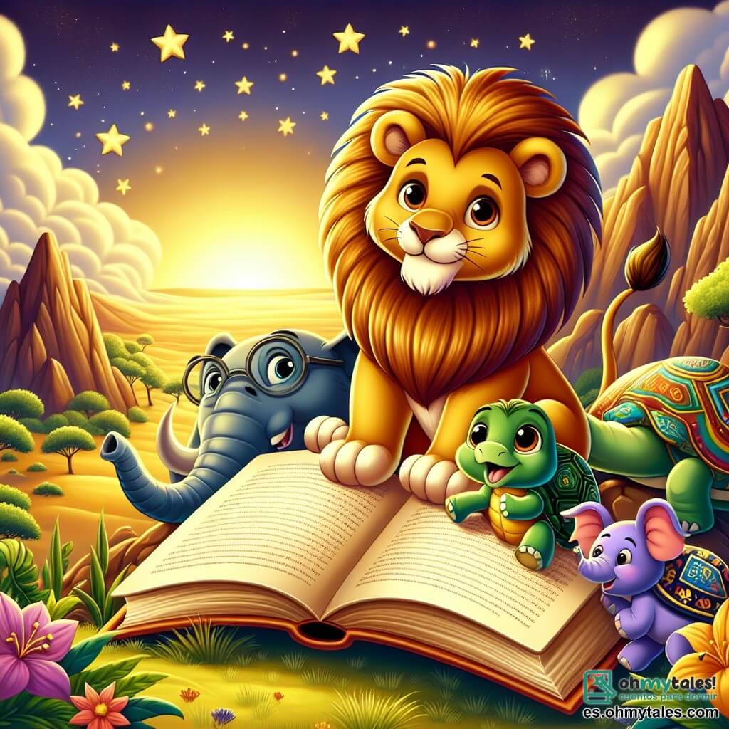 Un joven león de pelaje dorado, con una magnífica melena que brilla al sol, se encuentra orgullosamente en la cima de una montaña mágica, con una mirada decidida y confiada. Sonríe, lleno de emoción, sosteniendo un gran libro abierto con sus patas, mientras estrellas brillan en el cielo nocturno. A su lado, una tortuga sabia con un caparazón adornado de patrones coloridos y gafas redondas, observa atentamente las páginas del libro, con ojos llenos de curiosidad. Un elefante alegre, con grandes orejas y la trompa en alto, está un poco atrás, sonriendo y listo para escuchar las historias que el león va a contar. El escenario es una montaña majestuosa, con rocas escarpadas y flores brillantes que crecen entre las grietas, mientras que abajo, la sabana se extiende hasta donde alcanza la vista, bañada en una luz dorada al atardecer. La situación principal muestra al león, rodeado de sus amigos, listo para compartir las historias del libro mágico, simbolizando la amistad y la sabiduría, mientras todos los animales de la sabana se reúnen a su alrededor, ansiosos por escuchar.