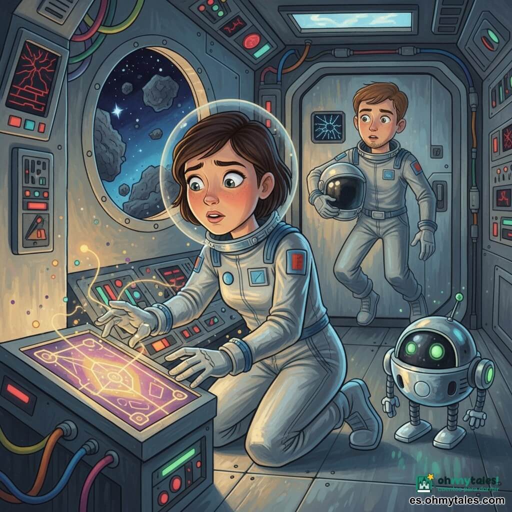 Ana es una ingeniera espacial concentrada y emocionada, ojos grandes y brillantes, cejas fruncidas de asombro, pelo corto castaño oscuro bajo un casco ligero; lleva un traje espacial gris plateado con destellos azules, agachada frente a un aparato alienígena brillante, tocando delicadamente un panel luminoso que pulsa en patrones geométricos. Un joven técnico humano de unos 25 años, tez clara y barba incipiente, con casco bajo el brazo, flota de fondo junto a una puerta sellada observando con curiosidad. Un pequeño robot asistente redondo y cromado parpadea con luces verdes junto a Ana, proyectando una luz suave sobre el suelo metálico. Interior: estrecha sala de control de metal cepillado con paneles retrofuturistas, cables de colores, pantallas agrietadas mostrando datos rojos y azules y un gran ojo de buey que muestra un campo de asteroides y estrellas lejanas. El contacto: el dispositivo alienígena, orgánico y geométrico, emite ondas lumínicas violetas y doradas con partículas flotando en el aire; la energía parece danzar alrededor de Ana mientras intenta comunicarse. Estilo: pintura acrílica, colores vivos, texturas gruesas, pinceladas visibles, ambiente misterioso y cálido.