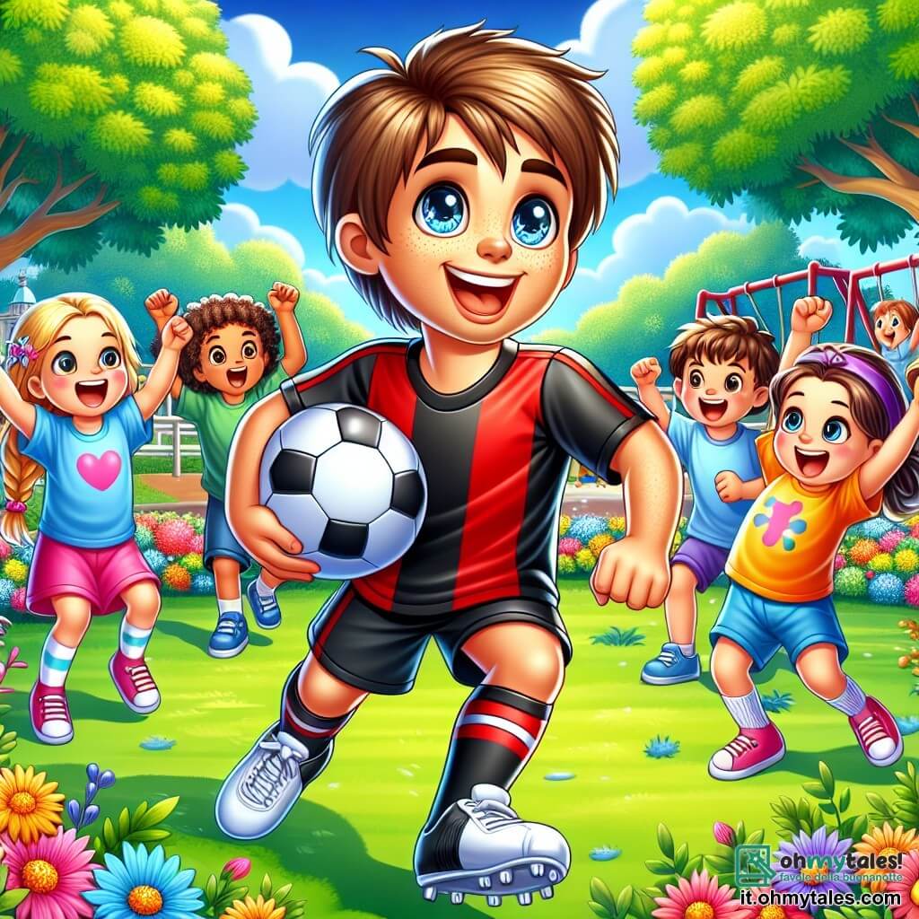 Un uomo, Marco, è al centro dell'immagine, sorridente con occhi scintillanti di gioia. Indossa una maglietta da calcio rossa e nera, con pantaloni corti neri e scarpe da ginnastica bianche. Marco sta dribblando un pallone da calcio, i suoi capelli castani leggermente in disordine, mostrando il suo entusiasmo. Intorno a lui ci sono diversi bambini. Una ragazza di 8 anni, con capelli biondi intrecciati, applaude saltando di gioia, indossando una maglietta blu e pantaloni corti rosa. Un ragazzo di 7 anni, con occhiali e capelli castani arruffati, cerca di prendere il pallone ridendo con un grande sorriso. Un'altra ragazza di 9 anni, con capelli ricci e una fascia viola, alza le braccia in aria, incoraggiando Marco. Il luogo è un parco verde, pieno di alberi con foglie brillanti e un cielo azzurro chiaro. Si possono vedere fiori colorati intorno all'area giochi, e altri bambini che giocano in lontananza sulle altalene. La scena principale mostra Marco che gioca a calcio con i bambini, tutti ridendo e divertendosi insieme, creando un'atmosfera gioiosa e amichevole.