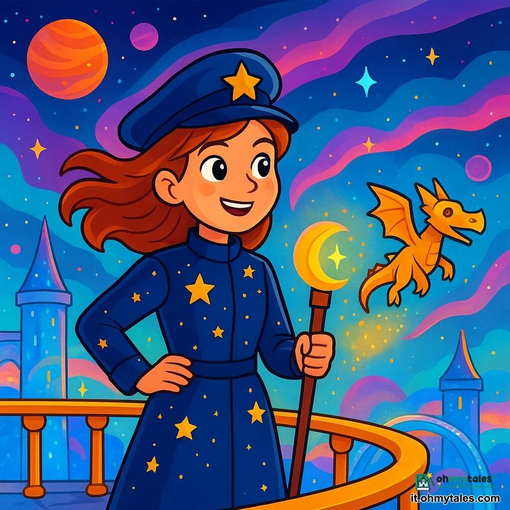 Una donna, il Capitano Lira, si erge fiera su una terrazza di una torre scintillante, i suoi capelli color rame che fluttuano nel vento. Indossa un'uniforme blu notte decorata con stelle brillanti, e il suo volto esprime una determinazione gioiosa, con occhi scintillanti di curiosità. Accanto a lei, un piccolo drago di carta, con scaglie dorate, vola allegramente, lasciando dietro di sé una scia di polvere di stelle. Il luogo è una terrazza panoramica che sovrasta un paesaggio di pianeti colorati e nebulose vorticosi, dove ponti di cristallo collegano torri scintillanti. La scena principale mostra Lira, con una cassa misteriosa, circondata da luci vibranti e scintillii magici, pronta ad affrontare una tempesta di colori che si avvicina all'orizzonte.