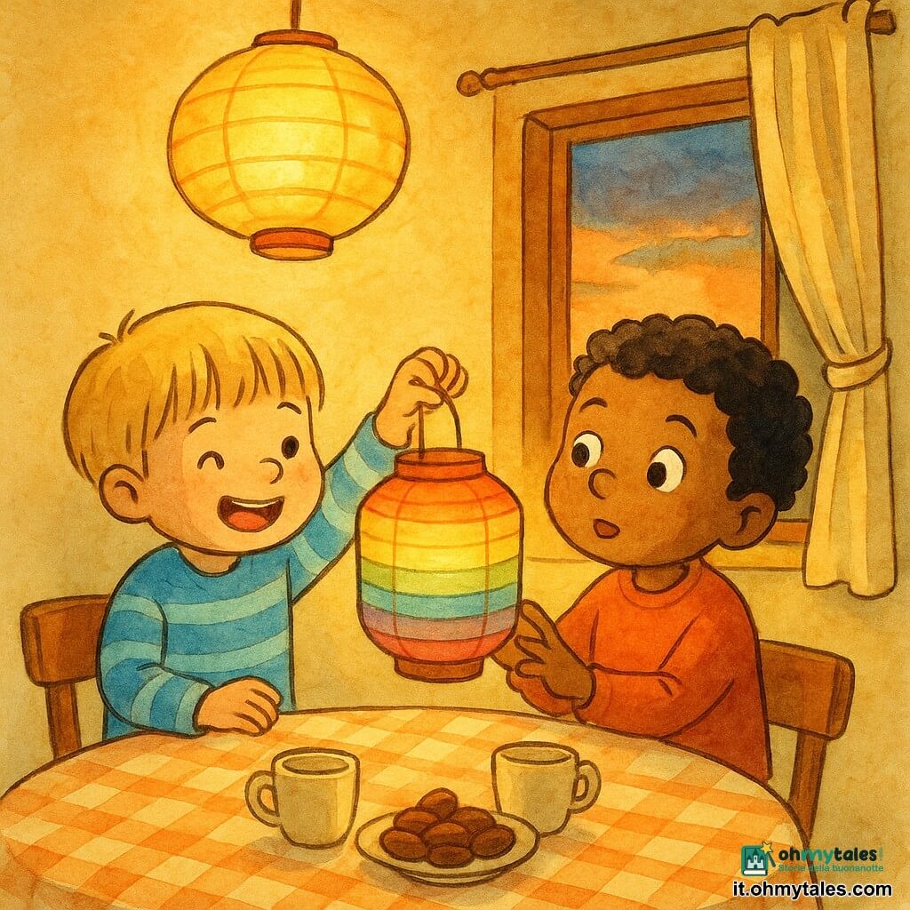Due bambini di 3 anni, Amin (capelli neri ricci, pelle abbronzata) e Leo (capelli biondi corti, pelle chiara, maglione a righe blu), stanno insieme tenendo una lanterna di carta che lampeggia leggermente, aspettano l'iftar vicino a un tavolo rotondo di legno con tovaglia a quadretti, tazze e datteri in una piccola cucina calda al crepuscolo con finestra aperta su un cielo arancione, tende leggere, pareti giallo pallido e lanterna sospesa che diffonde luce morbida, atmosfera tenera e calma, colori caldi ed espressioni gioiose e curiose.