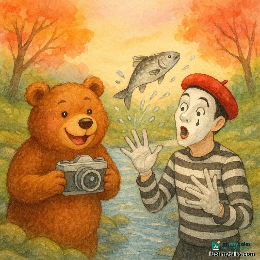 Un orso bruno rotondo e soffice, sorriso gioioso, tiene una vecchia macchina fotografica e ride chinandosi sul ruscello; accanto a lui un mimo adulto con volto truccato di bianco, costume a righe e berretto rosso, è sorpreso e bagnato da un piccolo pesce argentato che salta e spruzza acqua; ruscello stretto con sponde di pietre e muschio e alberi dalle foglie arancioni e rosa al tramonto, atmosfera calda e divertente con un istante di splash immortalato nella foto.