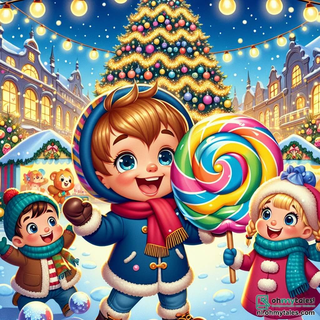 In het midden van de afbeelding staat Max, een vierjarig jongetje met kastanjebruin haar en sprankelende ogen, gekleed in een rode sjaal en een blauwe mantel. Hij glimlacht vrolijk terwijl hij een grote kleurrijke lolly in zijn hand houdt. Rechts van hem staat Lisa, een vijfjarig meisje met blonde vlechten en een rode muts, die lacht terwijl ze een sneeuwbal gooit. Links staat Tom, een zesjarige jongen met bruin haar en een groene trui, die zich voorbereidt om een sneeuwbal naar Max te gooien, met een gezicht vol opwinding. Op de achtergrond is een prachtige kerstmarkt versierd met duizenden fonkelende lichtjes. Een enorme kerstboom, bedekt met gouden slingers en kleurrijke ballen, staat trots in het midden van de scène. Houten kraampjes verkopen lekkernijen en speelgoed, terwijl sneeuwvlokken zachtjes uit de lucht vallen. De hoofdscène toont Max, Lisa en Tom die samen in de sneeuw spelen, lachend en zich vermakend in een feestelijke sfeer, omringd door kerstversieringen en blije families die genieten van de magie van het feest.