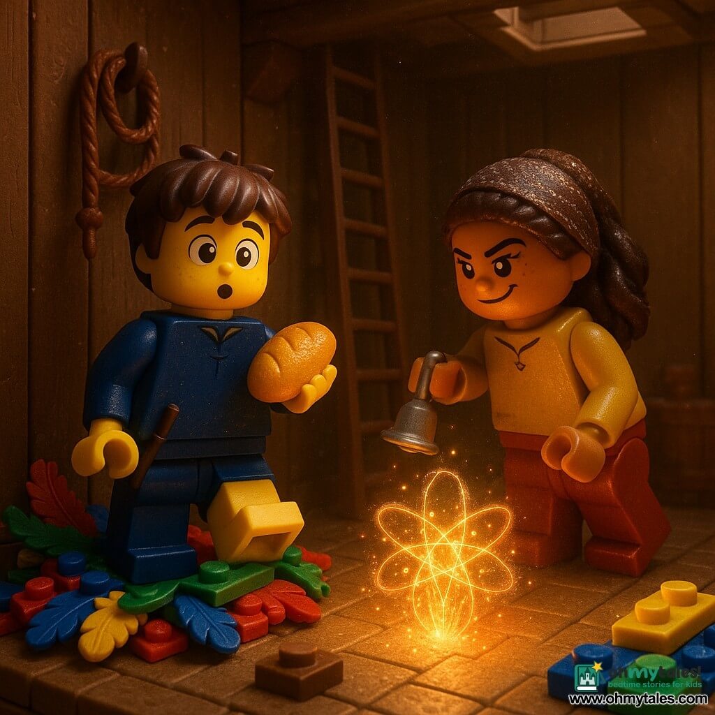 Apprentice boy wizard Milo, about 6, round surprised face, wide bright eyes, messy hair, small wand tucked in his visible sock; he holds a glowing golden loaf, awkward but brave posture, one foot on a pile of costumes. Girl Lyra, about 8, chant-singer, hair tied in a sparkling scarf, mischievous focused expression, crouched beside Milo holding a small silver bell near a luminous knot. The magic knot: a star-shaped bundle of translucent sparkling light threads rising toward the stage floor, pulsing warm colors. Set: backstage with LEGO-like bricks, textured wooden beams, colorful scattered costumes (feathers, sequins), rusty rope on a hook, narrow ladder and trapdoor above; dim, warm atmosphere with sparkling dust, vivid child-friendly colors and sharp details.