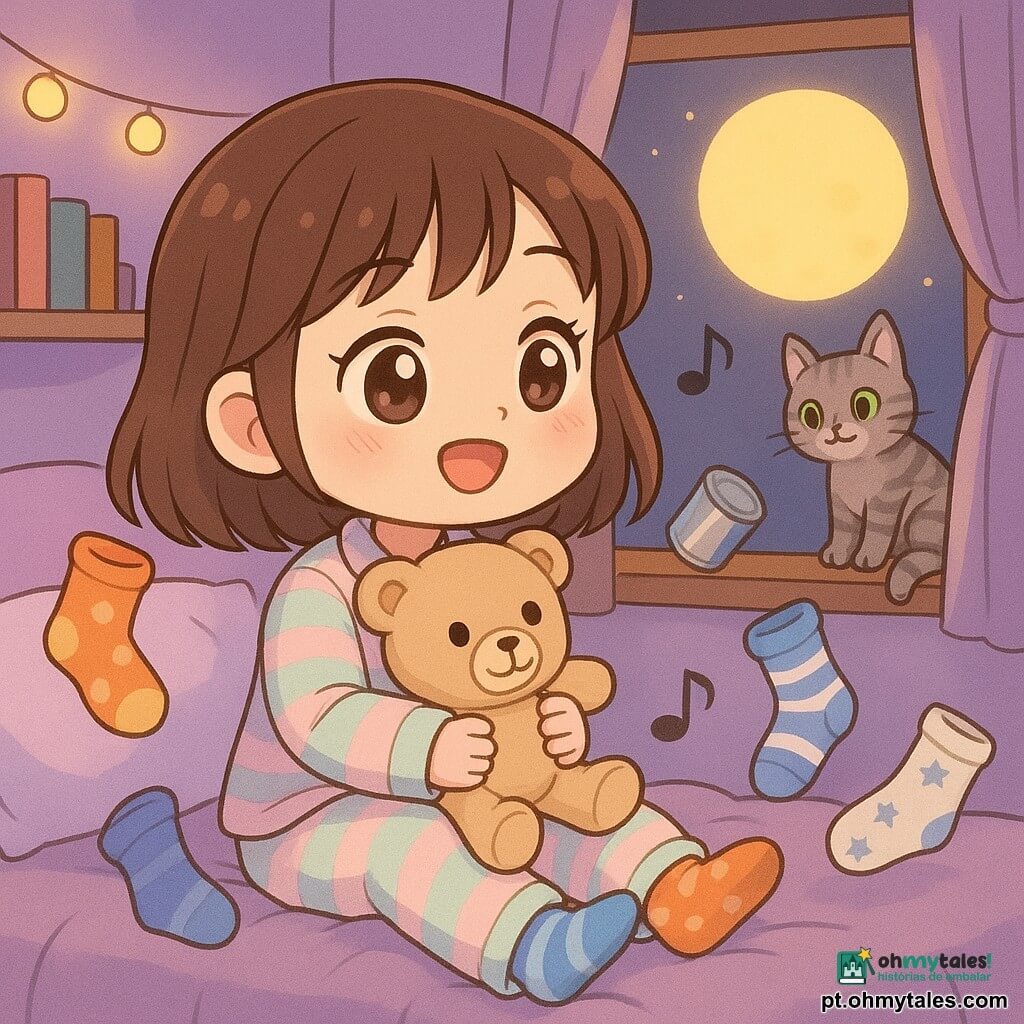 Luna, menina de 10 anos, sorridente e sonhadora, cabelo castanho médio com franja, olhos grandes e brilhantes, em pijama listrado pastel, sentada na cama cantando suavemente enquanto segura um ursinho de pelúcia bege com olhos costurados pretos; um gato vizinho tigrado cinza de olhos verdes observa da janela, derrubando uma pequena lata brilhante; meias coloridas (uma laranja com bolinhas, uma azul listrada, uma branca com estrelas) flutuam ao redor como se dançassem; quarto pequeno e acolhedor com paredes lavanda, prateleiras com livros, uma guirlanda de luzes amarelas, cobertor de pelúcia e cortina semitransparente pela qual entra a lua cheia; cena ao crepúsculo, cores pastel saturadas, luzes quentes, sombras suaves e expressões de estilo chibi.