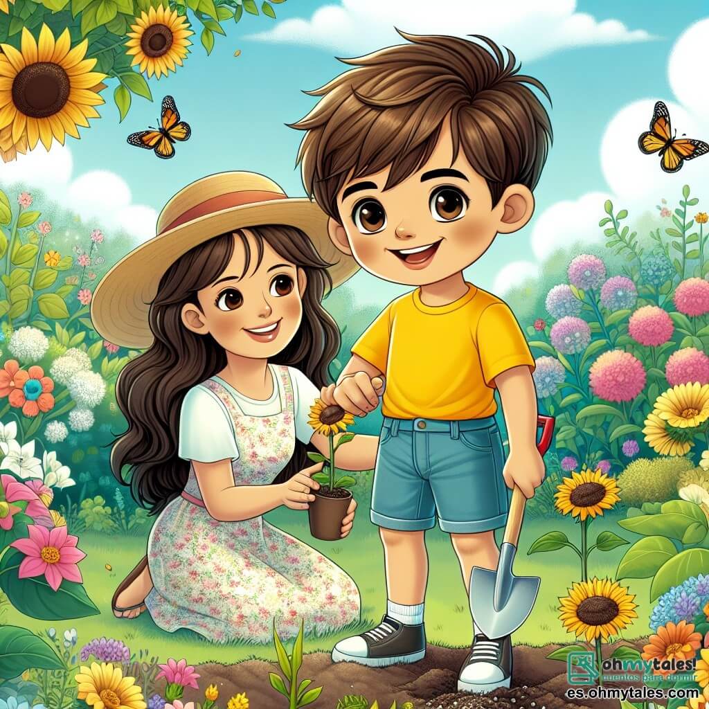Un niño de 10 años, Miguel, con cabello castaño y ojos color avellana, está en medio de un jardín en flor, con una gran sonrisa iluminando su rostro. Lleva una camiseta amarilla brillante y un pantalón corto de mezclilla, sosteniendo una pequeña pala en una mano, listo para plantar semillas de girasol. A su lado, su madre, una mujer de unos treinta años con cabello largo y castaño, está agachada, preparando la tierra para las plantas. Lleva un vestido ligero de flores y un sombrero de paja, sonriendo con orgullo al mirar a su hijo. En el fondo, el jardín está lleno de flores coloridas, mariposas revolotean alrededor, y un cielo azul claro con algunas nubes blancas añade un toque de suavidad a la escena. La situación principal muestra a Miguel y su madre plantando semillas de girasol, simbolizando el comienzo de la primavera y la alegría de cultivar juntos en la naturaleza.