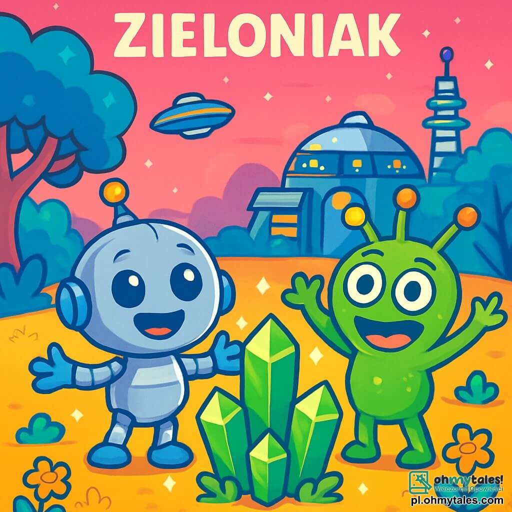 Mały srebrny robot o imieniu Blip, z błyszczącymi oczami i szerokim uśmiechem, stoi na środku sceny z otwartymi ramionami, pełen ekscytacji. Po jego prawej stronie znajduje się zielony obcy z trzema oczami, o imieniu Zog, z gładką skórą i kolorowymi antenami, radośnie się uśmiechający. Tło to wspaniała planeta o nazwie Zieloniak, z różowym niebem, drzewami o jaskrawo niebieskich liściach i błyszczącymi kwiatami. W tle widać futurystyczną bazę kosmiczną z migającymi światłami i unoszącymi się statkami. Główna sytuacja pokazuje Blipa i Zoga świętujących swoją nową przyjaźń, otoczonych błyszczącymi zielonymi kryształami, symbolizującymi energię, którą przyniosą do bazy. Są pełni radości i nadziei, gotowi na wspólne stawienie czoła nowym wyzwaniom.