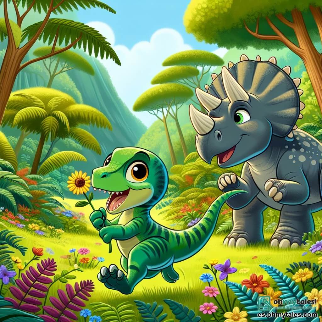 Un pequeño velociraptor llamado Rápido, con plumas verdes y amarillas brillantes, está saltando alegremente en medio de un bosque exuberante, su cara radiante de emoción y curiosidad. A su lado, un triceratops amigable llamado Trixie, con tres grandes cuernos y piel gris, sonríe sosteniendo una hermosa flor amarilla en su boca, manteniéndose un poco atrás para admirar a Rápido. El escenario es una jungla prehistórica vibrante, llena de grandes árboles de troncos gruesos, helechos exuberantes y flores coloridas que florecen bajo un cielo azul claro. La escena principal muestra a Rápido y Trixie buscando flores juntos, Rápido saltando con entusiasmo y Trixie inclinándose para recoger una flor, creando un ambiente lleno de alegría y amistad.