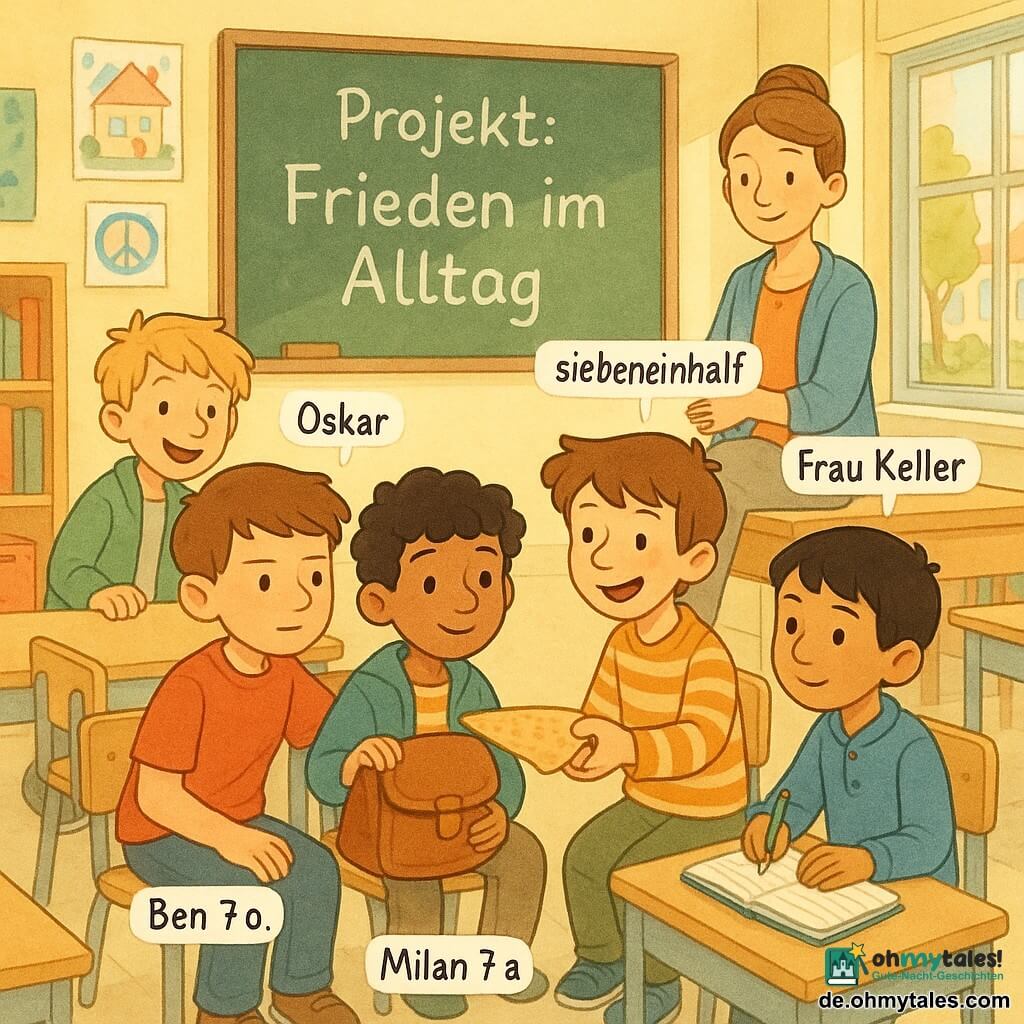 Sechs Personen: Ben, etwa 7, braune kurze Haare, ernster aber wohlwollender Blick, sitzt vorne links leicht zu Sami geneigt; Sami, etwa 7, schwarze lockige Haare, oliv, schüchternes aufleuchtendes Gesicht, in der Mitte mit Schultasche, bekommt ein Stück Crêpe; Oskar, etwa 7, Sommersprossen, blonder strubbeliger Haarschopf, steht hinter Ben lächelnd, Hand am Spindgriff; Milan, etwa 7, kastanienbraun, verschmitzt, sagt siebeneinhalb, reicht eine große geteilte Crêpe; Yusuf, etwa 7, glattes schwarzes Haar, neugierig, sitzt neben Milan mit Heft und Stift; Frau Keller, Lehrerin, 35–45, Dutt, sanftes Gesicht, sitzt auf der Tischkante hinter der Gruppe und klatscht leise. Raum: helle Klasse mit blassgelben Wänden, bunten Postern und Kinderzeichnungen, großer Tafel mit der Aufschrift Projekt: Frieden im Alltag, Reihen heller Holztische, Leseecke, Garderobenhaken und Fenster zum sonnigen Schulhof. Szene: Kinderkreis, der einen neuen Schüler aufnimmt — Teilen einer Crêpe, warme Blicke, schüchterne zu vertrauensvollen Lächeln, ruhige warme Aquarellstimmung im sanften Morgenlicht.