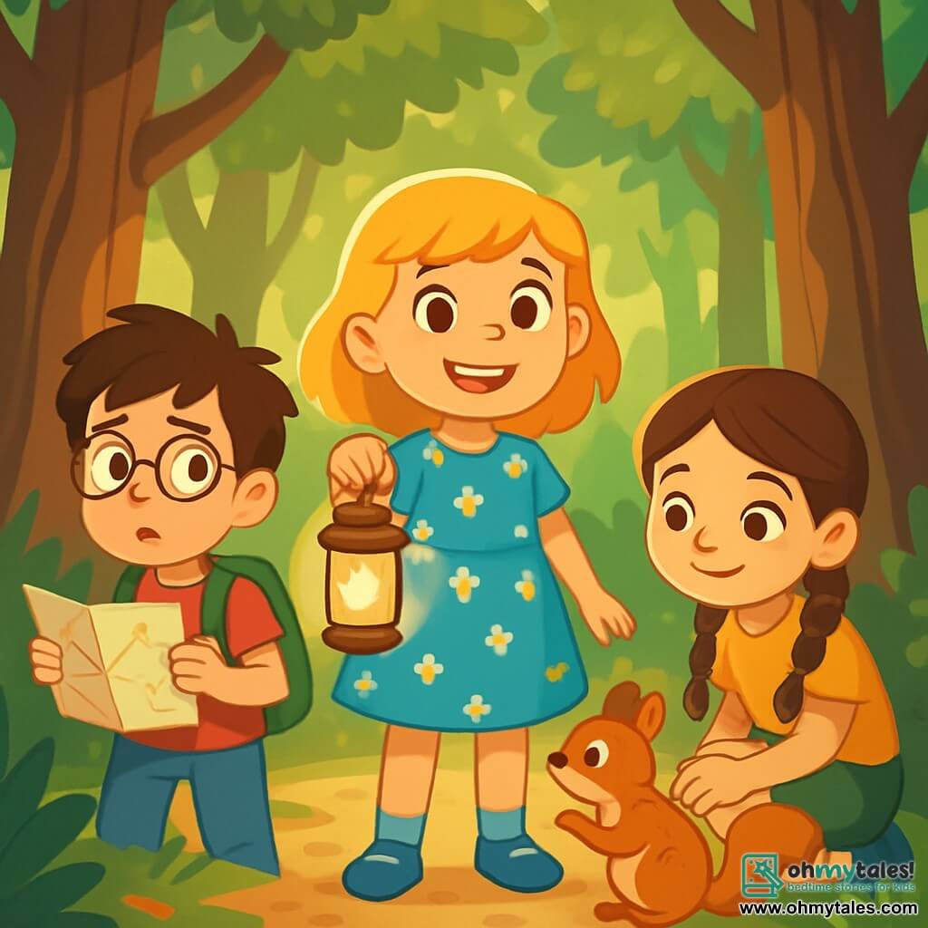 Clara, an 8-year-old girl with golden hair and sparkling eyes, stands at the center of the scene, a determined smile on her face. She wears a blue floral dress and holds a shimmering lantern in her hand. Next to her, Emilio, a 9-year-old boy with messy brown hair and round glasses, looks around anxiously, holding a paper map. Sasha, an 8-year-old girl with brown hair in neat braids, gently pets a small squirrel that approaches them, a sweet smile on her lips. The scene takes place in a dense forest with majestic trees rising towards the sky, their green leaves forming a natural canopy. Rays of light filter through the branches, creating golden patterns on the leaf-covered ground. The three friends stand at the edge of the forest, ready to enter the unknown, their hearts beating in unison as they prepare to uncover the truth about the Big Bad Wolf, surrounded by mystery and adventure.