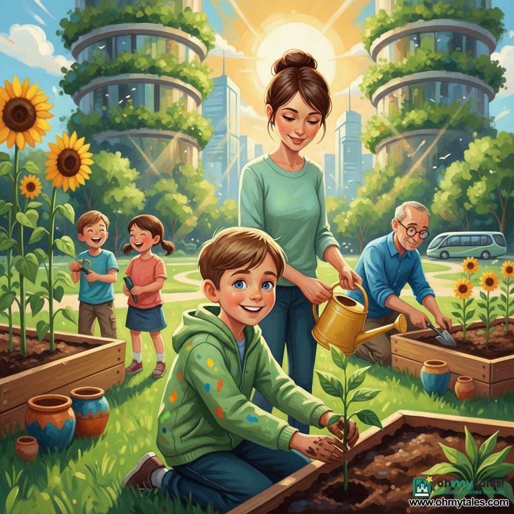An enthusiastic smiling 8-year-old boy with short light brown hair and bright blue eyes kneels planting a seedling with slightly dirty hands; beside him stands his ~35-year-old mother with brown hair in a bun, a gentle smile, holding a yellow watering can and looking kindly at him; about a few steps away kneels Mr. Green, ~50, round glasses and a blue shirt, digging a small furrow behind a row of plants; to the left two laughing 8-year-old children, a boy and a girl, water planted sunflowers with small gardening tools. The scene is a lively community planting day in a warm-toned futuristic urban park with a light paved path, green lawn, vegetated towers, a sleek solar bus in the distance, wooden planters of dark soil and colorful pots, golden sunlight, bright paint splashes on clothes, collective planting gestures and a joyful optimistic mood, rendered in a textured acrylic painting style with visible brushstrokes and a saturated palette of greens, ochres and blues.