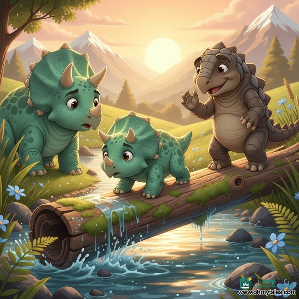 A young triceratops named Tino, with a round face and short horns, looks focused and slightly anxious; mint-green textured skin with lighter flank spots and wide shiny eyes, he cautiously crosses a slippery moss-covered log above churning water in a low, wide-legged stance for balance. Ollo, an old wise ankylosaurus with rough brown-gray armor, a clubbed tail and gentle eyes, stands on the far side of the log with a raised foot in encouragement, calmly smiling. The mother triceratops, larger and protective, waits on the opposite bank with her nose toward Tino, relieved and loving, partly hidden by tall grasses. The setting: a clear river with morning golden reflections, tall ferns and blue flowers on the bank, distant grassy hills and snowy peaks; wet log with sparkling drops. Main moment: tension and courage as the young triceratops crosses while Ollo encourages and the mother anxiously waits, warm light and vivid colors focusing on effort and support.