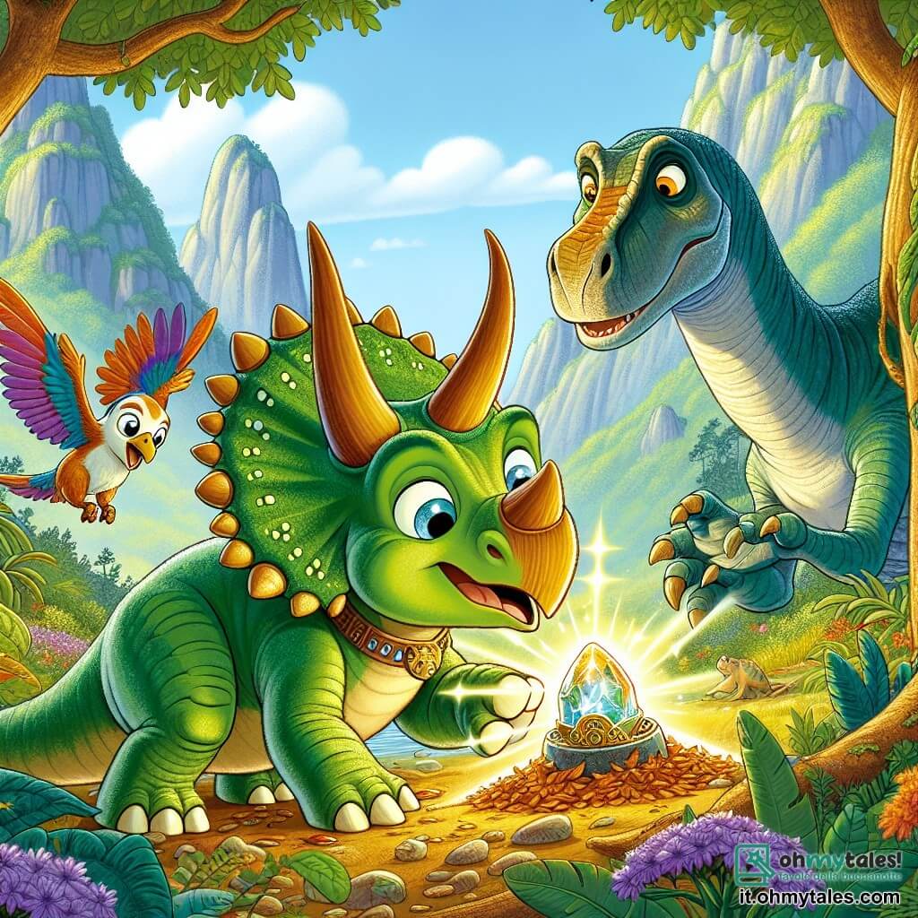 Un tricératops di nome Tito, con una pelle verde brillante e tre corna lucenti sulla fronte, esprime grande curiosità e meraviglia mentre scopre un artefatto misterioso che brilla tra le foglie. Accanto a lui, Lila, un agile velociraptor con piume colorate e occhi scintillanti, salta dall'emozione, mentre Bruno, un enorme brontosauro dal lungo collo e pelle bluastro, osserva con un sorriso benevolo, chinandosi per vedere meglio l'oggetto. La scena si svolge nella magnifica Valle dei Giganti, circondata da maestose montagne, grandi alberi dai tronchi spessi e fiori brillanti che colorano il suolo. Tito, Lila e Bruno sono insieme, affascinati dall'antico artefatto che emette una dolce luce, simbolo dell'inizio di un'avventura magica.