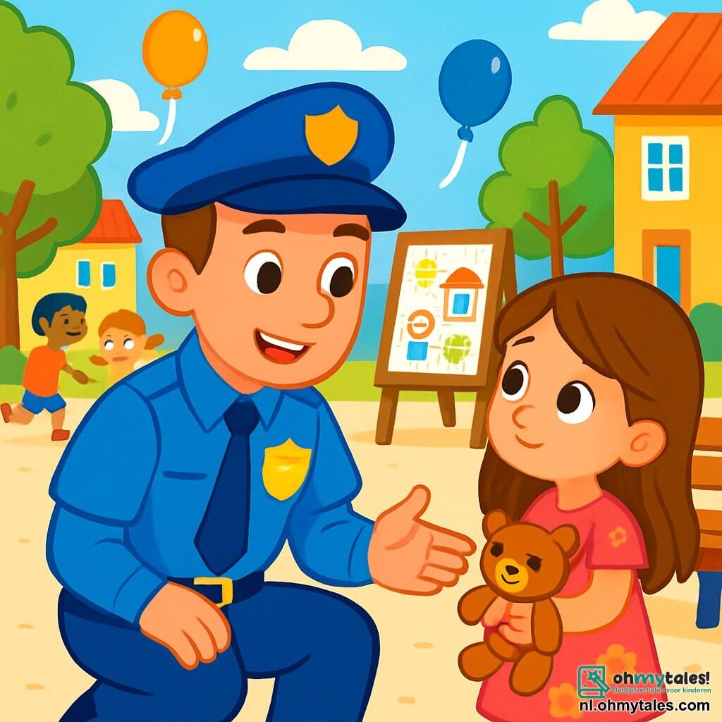 Een glimlachende en zelfverzekerde mannelijke politieagent in een felblauw uniform met een pet, heeft sprankelende ogen vol vastberadenheid en een glanzende badge op zijn borst. Hij zit op zijn hurken en praat met een meisje van ongeveer 6 jaar oud, dat lange bruin haar heeft en een roze jurk met bloemenpatronen draagt. Ze houdt een klein knuffelbeer vast en kijkt de politieagent aan met hoopvolle ogen. De scène speelt zich af op een levendig plein, omringd door kleurrijke gebouwen en houten banken. Kinderen spelen rondom, en groene bomen bieden schaduw. In het midden van het plein staat een groot informatiebord met kindertekeningen. De politieagent helpt het meisje haar verloren knuffelbeer terug te vinden en belooft dat ze samen gaan zoeken. De sfeer is vrolijk en vol enthousiasme, met zwevende ballonnen en het gelach van kinderen op de achtergrond.