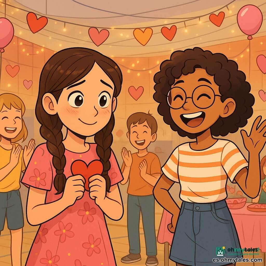 Una niña de 12 años, Clara, con largos cabellos castaños trenzados, ojos llenos de curiosidad y una sonrisa tímida, se encuentra en el centro del escenario, rodeada de corazones de papel coloridos. Lleva un vestido rosa con motivos de flores y sostiene un pequeño corazón de papel en sus manos, su rostro irradia emoción y nerviosismo. A su lado, su mejor amiga Luna, también de 12 años, con cabello rizado y gafas redondas, la anima con una amplia sonrisa. Luna lleva una camiseta a rayas y una falda de mezclilla, gesticulando alegremente, lista para bailar. El decorado es un gimnasio adornado para la fiesta de San Valentín, con guirnaldas de corazones colgando del techo, globos rosas flotando en el aire y mesas decoradas con dulces coloridos. Luces centelleantes crean un ambiente cálido y festivo. La escena principal muestra a Clara y Luna preparándose para bailar frente a sus compañeros, con amigos reunidos alrededor aplaudiendo y sonriendo, mientras la música comienza a sonar, llenando el aire de alegría y anticipación.