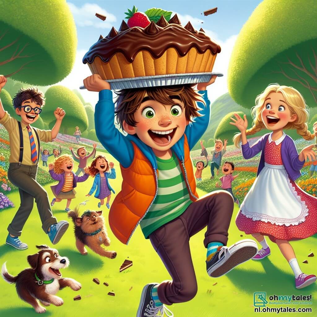 Een 12-jarige jongen, Max, met rommelig bruin haar en een grote glimlach, staat in het midden van de afbeelding met een grote chocoladetaart op zijn hoofd, terwijl hij vrolijk danst. Zijn ogen stralen van opwinding en vastberadenheid terwijl hij grappige dansbewegingen maakt, en zijn kleurrijke outfit voegt energie toe aan de scène. Rechts van hem staat Lisa, een 11-jarig meisje met gevlochten blond haar en een stippenjurk, die hardop lacht terwijl ze haar eigen taart vasthoudt, klaar om mee te doen aan de race. Ze maakt een overdreven gebaar met haar hand, alsof ze Max aanmoedigt om door te gaan met dansen. Achter hen kijkt Tom, een 12-jarige jongen met een bril en kastanjebruin haar, met een vrolijke glimlach terwijl hij zijn taart vasthoudt. Hij staat iets verder weg en observeert de scène met bewondering. De scène speelt zich af in een groene park vol kleurrijke bloemen en majestueuze bomen. Op de achtergrond lachen en applaudisseren kinderen, terwijl een speelse hond rondrent, wat een vrolijke chaos aan de sfeer toevoegt. Het belangrijkste moment toont Max die jongleert tussen zijn hilarische dans en het in balans houden van zijn taart op zijn hoofd, terwijl hij probeert zich niet te laten afleiden door de hond die dichterbij komt, wat een sfeer van uitdaging en plezier creëert.