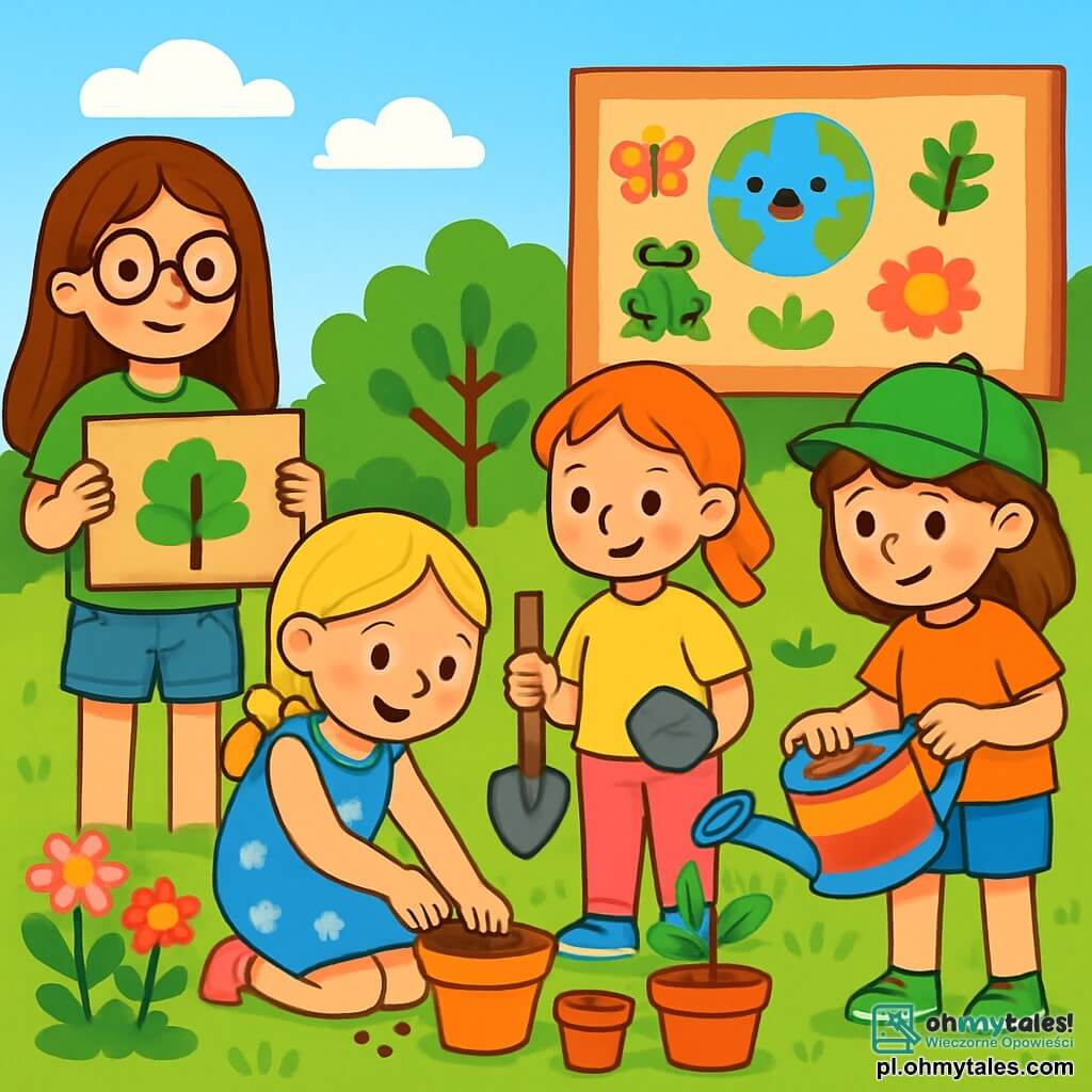W ogrodzie szkolnym znajduje się czwórka dzieci: Ania, Basia, Kasia i Zosia. Ania, 8-letnia dziewczynka z długimi brązowymi włosami i okrągłymi okularami, trzyma tabliczkę z napisem "Chrońmy planetę". Basia, również 8-letnia, z blond warkoczem i niebieską sukienką w kwiaty, z entuzjazmem sadzi nasiona. Kasia, z rudymi włosami i piegami, trzyma łopatkę, gotowa do pomocy. Zosia, z brązowymi włosami i zieloną czapką, podlewa kwiaty. W ogrodzie pełno kolorowych kwiatów i drzew, a w tle widać drewniany znak z rysunkami zwierząt. Dzieci wspólnie pracują, ucząc się, jak ważna jest ochrona natury.