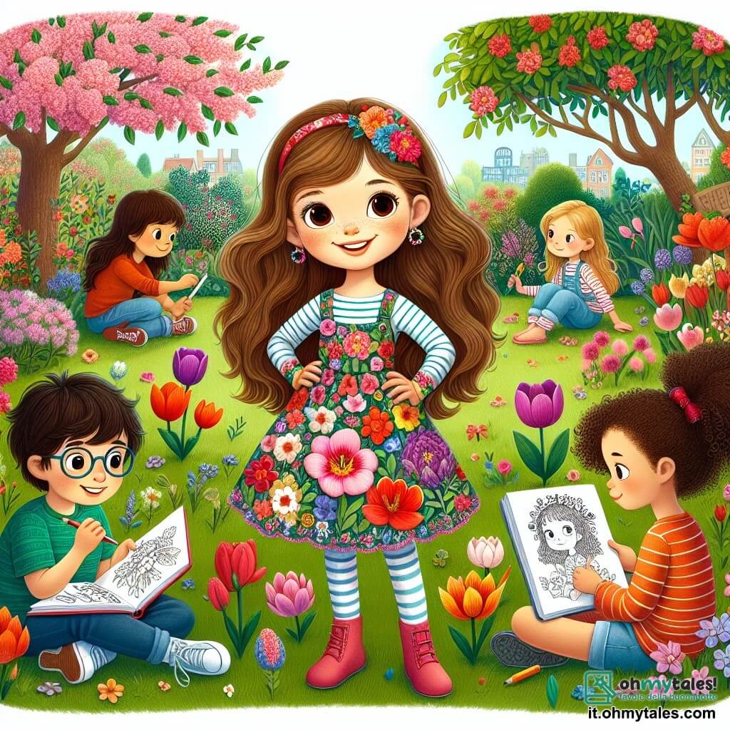 Una ragazza di 10 anni, Sofia, con lunghi capelli castani e occhi brillanti di curiosità, si trova in mezzo a un giardino fiorito, con un grande sorriso sul volto. Indossa un vestito colorato decorato con motivi floreali e tiene un piccolo quaderno in mano, dove annota le sue osservazioni sulle piante che crescono attorno a lei. Accanto a lei, Marco, un ragazzo di 10 anni con capelli ricci e un viso vivace, sta disegnando fiori su un foglio di carta, seduto sull'erba verde. Un po' più in là, Giulia, una ragazza di 10 anni con occhiali e capelli raccolti in una coda di cavallo, sfoglia un libro illustrato sulle tradizioni primaverili, seduta su una pietra piatta, concentrata sulla lettura. Il giardino è un vero quadro di colori, con tulipani rossi, narcisi gialli e ciliegi in fiore, sotto un cielo azzurro chiaro punteggiato di alcune nuvole bianche. Gli uccelli cantano gioiosamente, e una leggera brezza fa danzare le foglie degli alberi. La scena principale mostra Sofia e i suoi amici in piena esplorazione, meravigliati dalla bellezza dei fiori che sbocciano attorno a loro, mentre scoprono insieme le meraviglie della primavera e condividono entusiasticamente le loro scoperte.