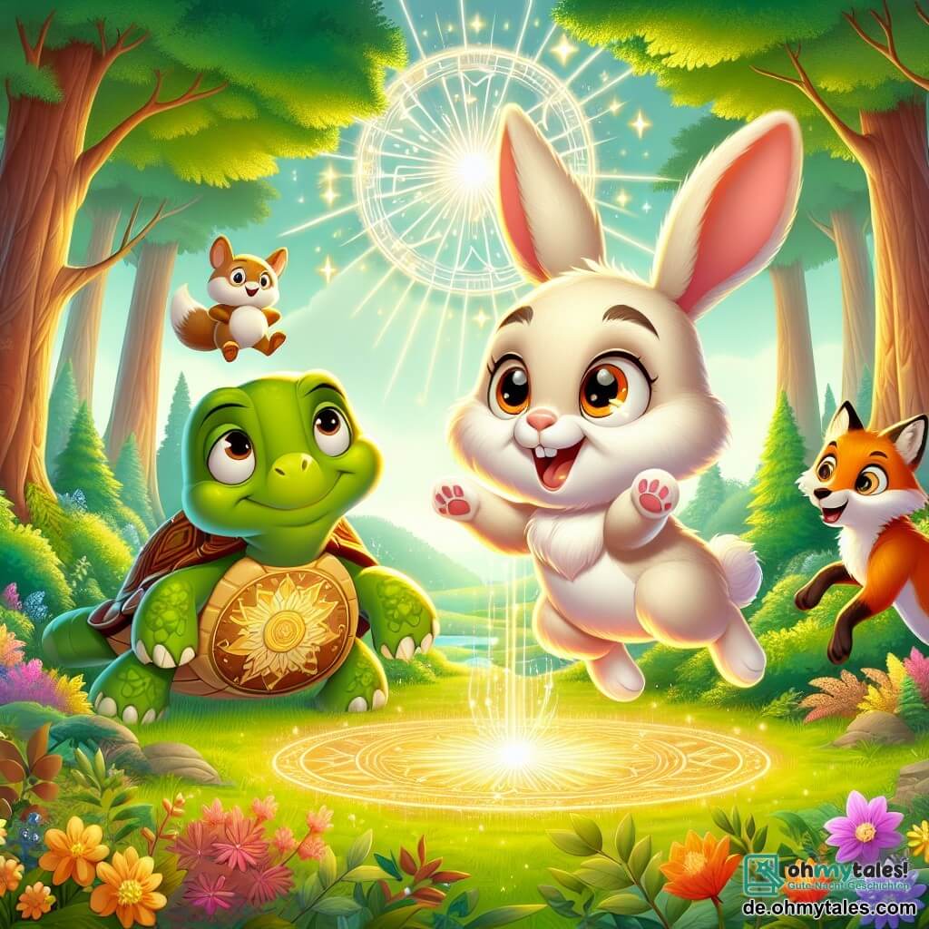 Ein kleiner Hase namens Hoppi mit einem weichen, seidigen cremefarbenen Fell, großen aufrechten Ohren und funkelnden neugierigen Augen springt fröhlich in einer hellen Waldlichtung mit einem breiten Lächeln auf seinem Gesicht. Neben ihm beobachtet eine weise Schildkröte mit einem grünen, blumenverzierten Panzer, einem wohlwollenden Blick und einem leichten Lächeln stolz die Szene. Ein schlauer Fuchs mit leuchtend rotem Fell und einem buschigen Schwanz tanzt um sie herum, seine Augen leuchten vor Aufregung. Der Ort ist eine wunderschöne Lichtung, getaucht in goldenes Licht, umgeben von majestätischen Bäumen mit strahlend grünen Blättern und bunten Blumen, die im Wind tanzen. Im Mittelpunkt der Szene leuchtet ein großer heller Kreis, ein Symbol ihrer Zeitreise, während Lichtblitze um sie herum funkeln. Die Hauptsituation zeigt Hoppi und seine Freunde, die eine große Feier vorbereiten, um alle Tiere des Waldes zu versammeln, voller Begeisterung und Freude, bereit, ihre Freundschaft und ihr Abenteuer zu feiern.