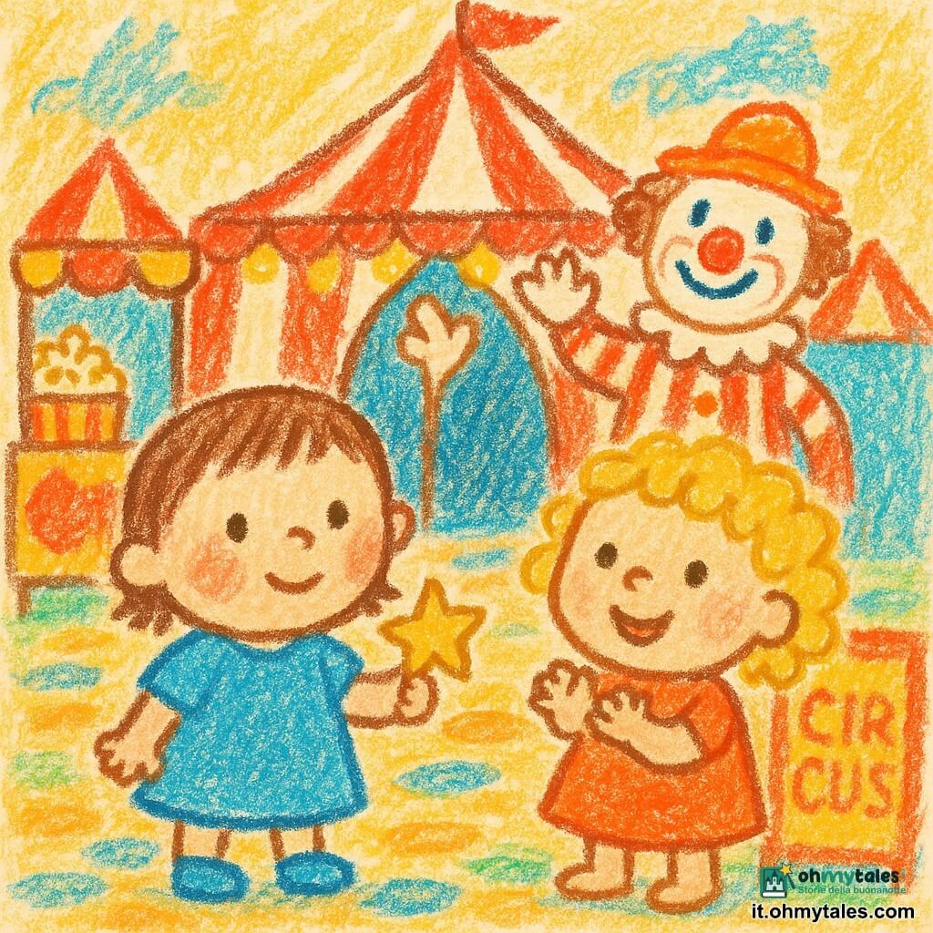 Ci sono tre personaggi: una bambina di circa un anno, Mila, capelli corti castani e guance rosate, tiene una stellina di carta nella mano destra a sinistra; una bambina di circa un anno, Nini, capelli biondi ricci e occhi ridenti, batte le mani a destra vicino a Mila; un uomo adulto, il clown, volto truccato di bianco con naso rosso tondo e costume a righe rosse e bianche, saluta dall’ingresso del circo dietro le bambine. Luogo: davanti all’ingresso di un circo colorato con tende rosse e bianche, luci gialle, il cartello "CIRCO", pavimento a ciottoli colorati e un piccolo chiosco di popcorn a sinistra. Situazione: le due bambine guardano meravigliate il clown che le saluta; luce soffusa, colori vivaci, espressioni gioiose, atmosfera calda e magica.