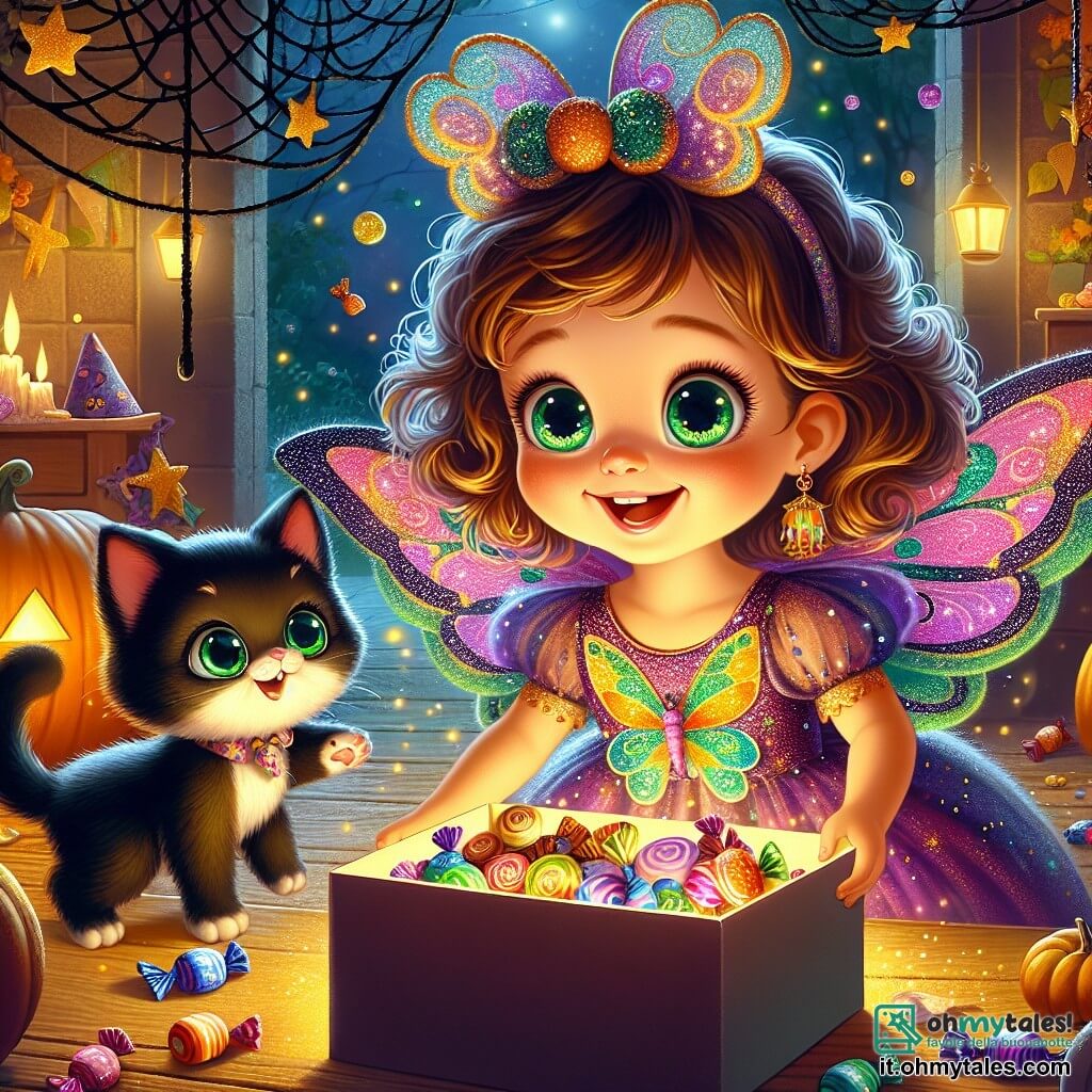 Una bambina di 4 anni, Sofia, con grandi occhi brillanti e capelli castani ricci, indossa un costume di farfalla colorato con ali scintillanti. Ha un sorriso meravigliato sul viso e tiene una grande scatola piena di caramelle colorate. Accanto a lei, un gattino nero di nome Nero, con occhi verdi scintillanti, sta in piedi sulle zampe posteriori, felice e curioso, pronto a esplorare. L'ambientazione è un'aula di scuola materna, decorata per Halloween con ragnatele nere, zucche intagliate con facce sorridenti e stelle dorate appese al soffitto. La luce soffusa crea un'atmosfera misteriosa e magica. Sofia e Nero scoprono insieme un tesoro di caramelle in una grande scatola illuminata da una dolce luce dorata, mentre le risate dei bambini risuonano intorno a loro, aggiungendo eccitazione a questa avventura di Halloween.